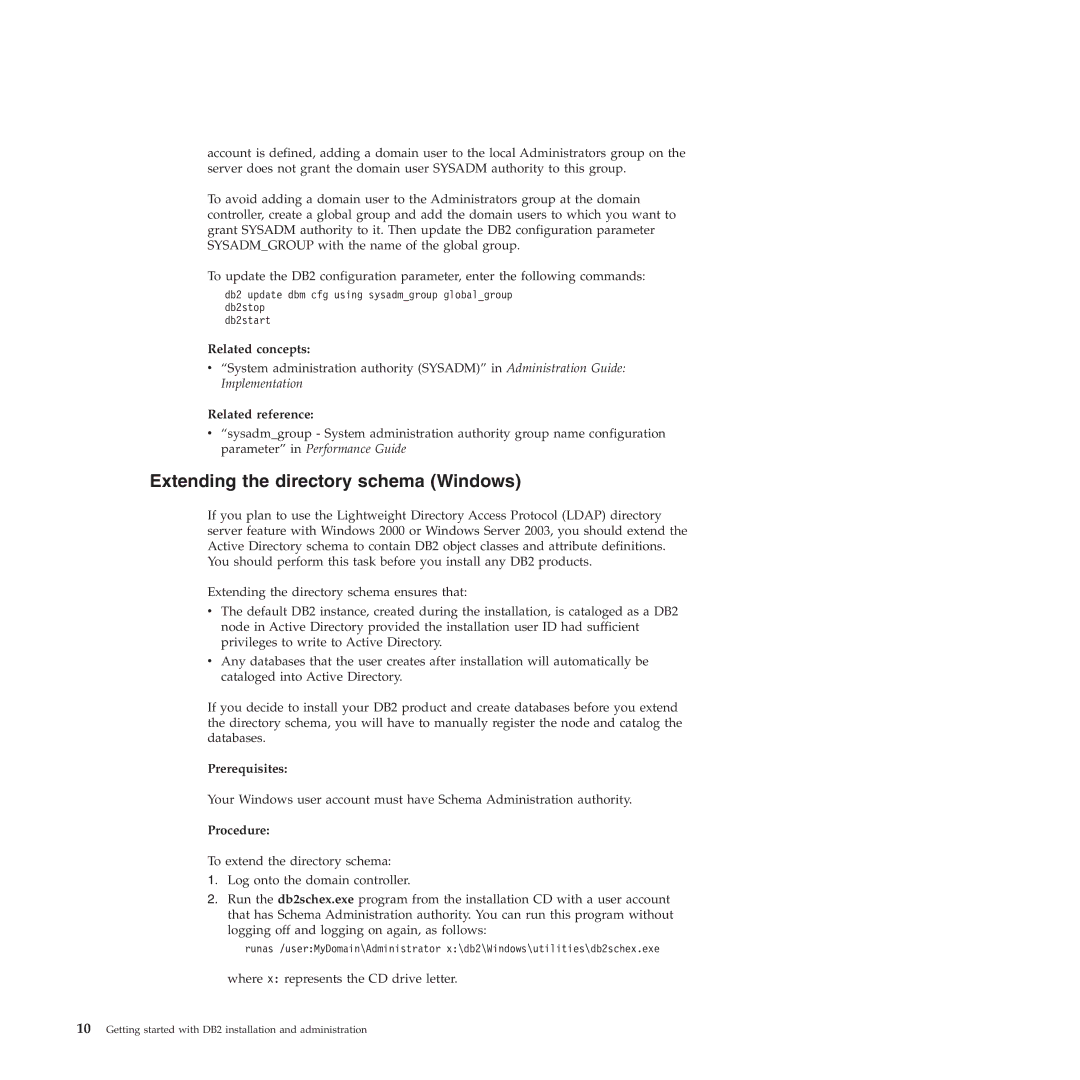 IBM VERSION 9 manual Extending the directory schema Windows 