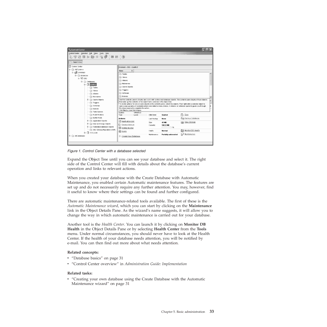 IBM VERSION 9 manual Control Center with a database selected 