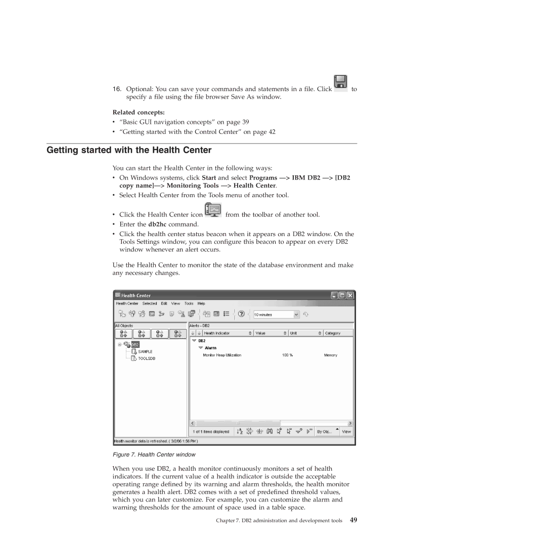 IBM VERSION 9 manual Getting started with the Health Center, Health Center window 