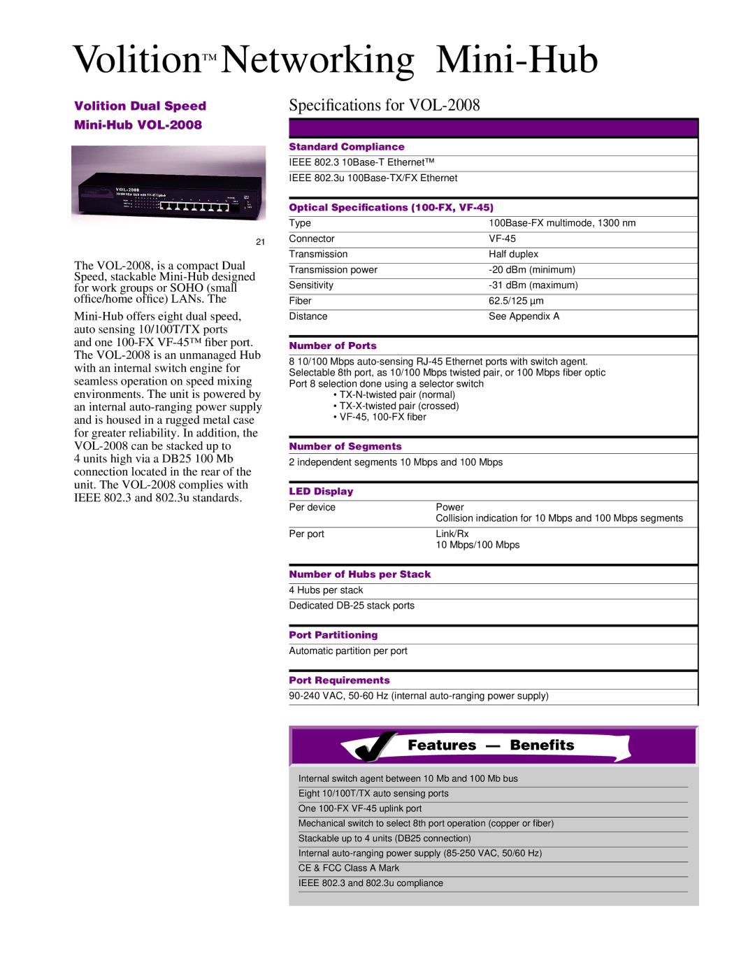 IBM specifications Speciﬁcations for VOL-2008, Volition Dual Speed Mini-Hub VOL-2008 