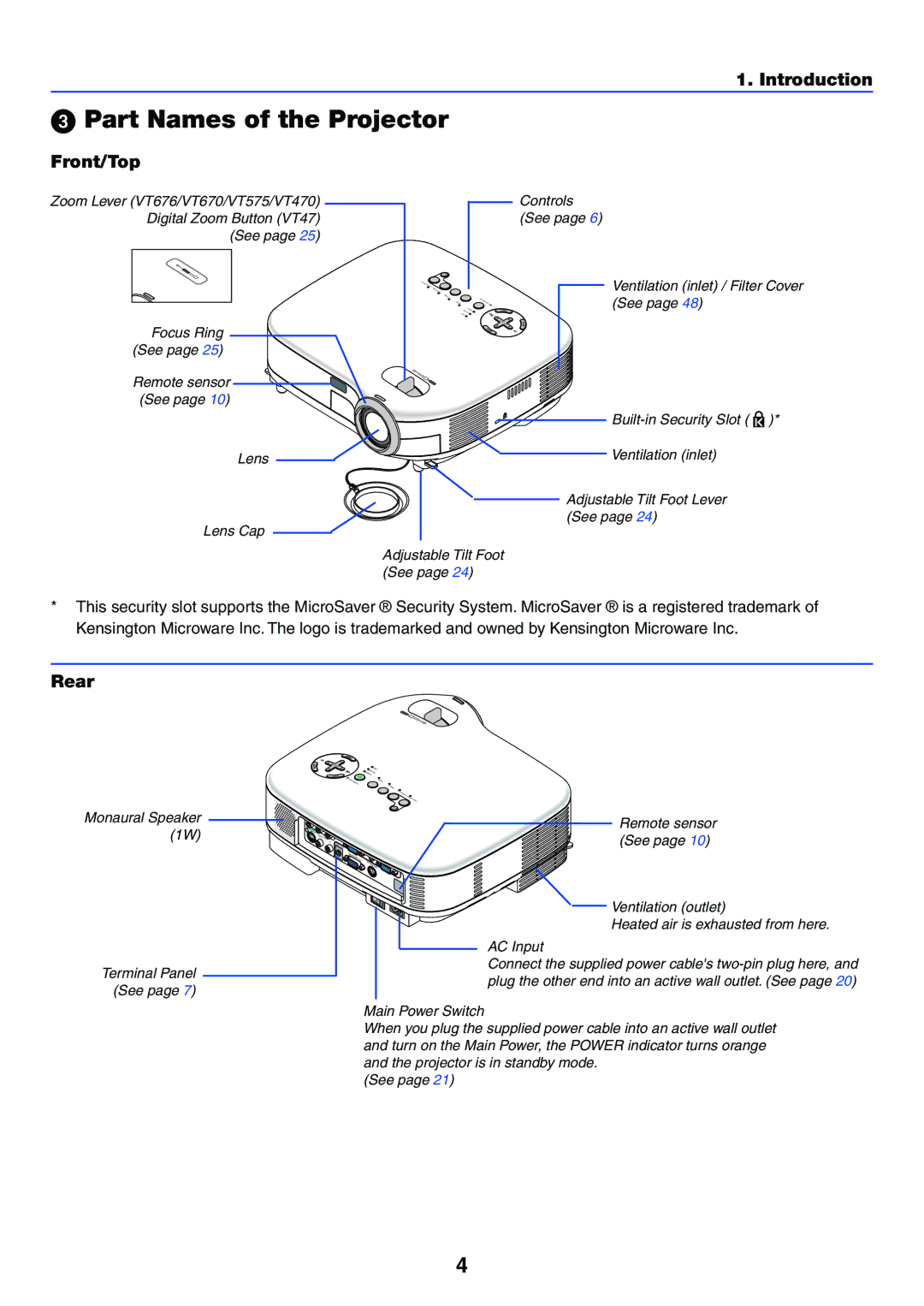 IBM VT470, VT676, VT670, VT575 manual Part Names of the Projector, Front/Top, Rear 