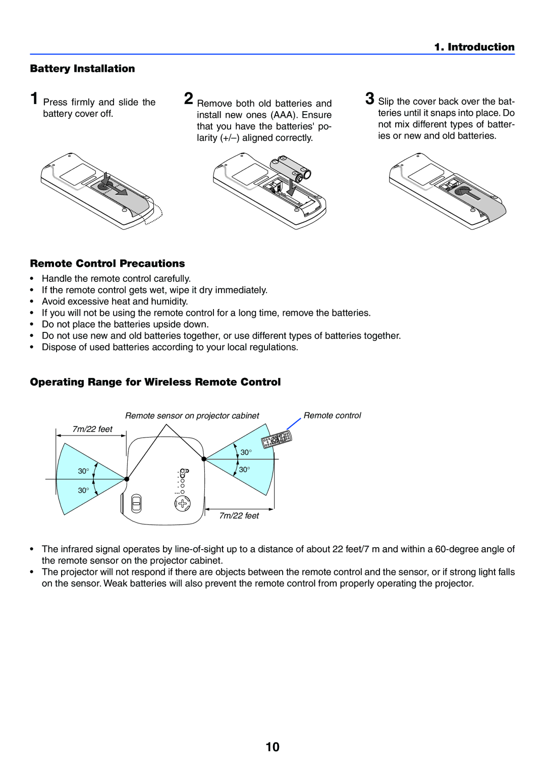 IBM VT676, VT47 Introduction Battery Installation, Remote Control Precautions, Operating Range for Wireless Remote Control 