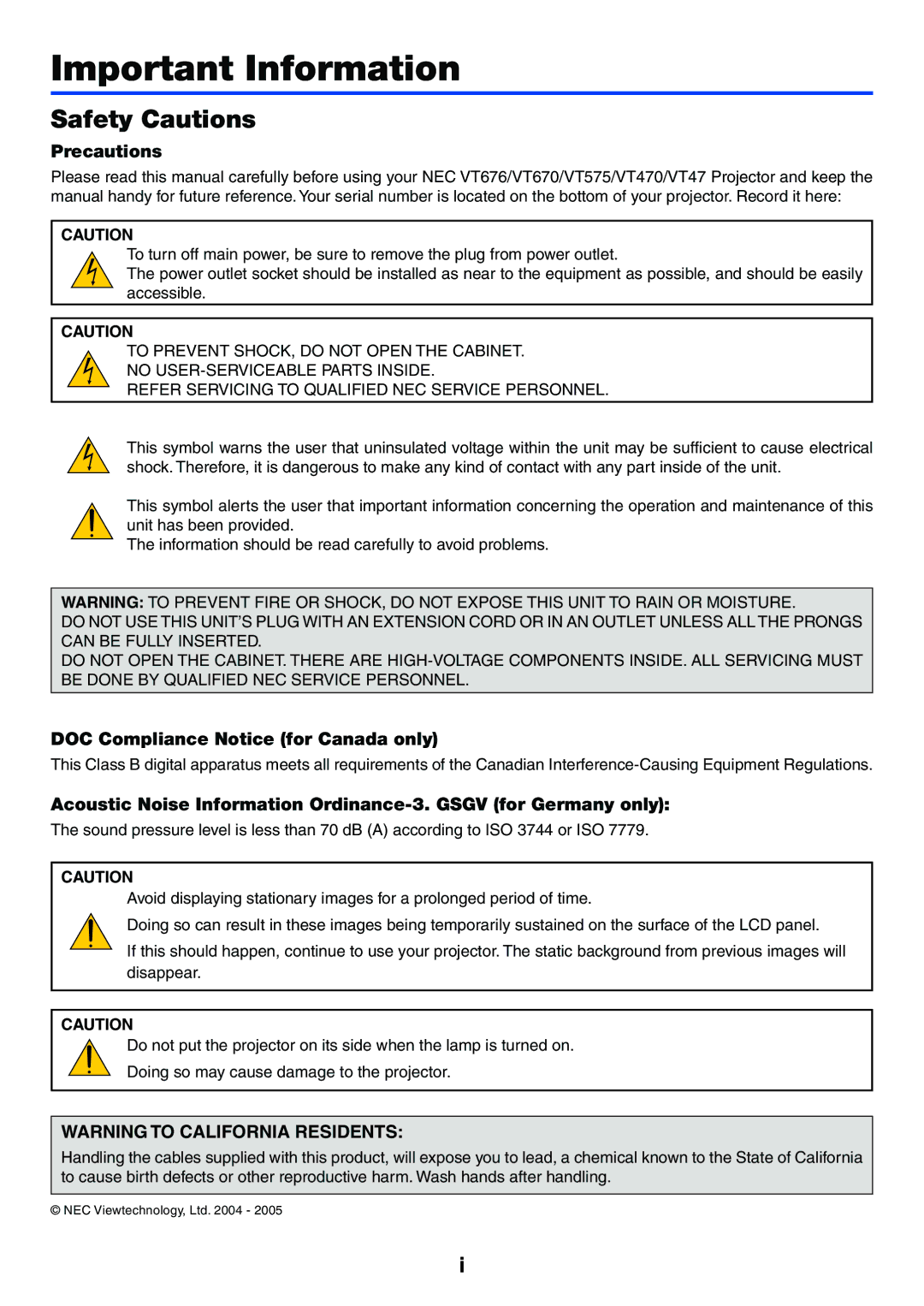 IBM VT676, VT470, VT670, VT575 manual Safety Cautions, Precautions, DOC Compliance Notice for Canada only 