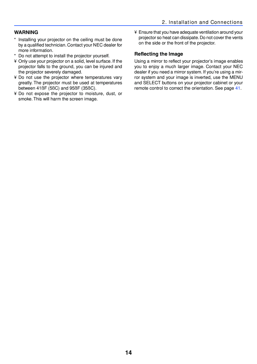 IBM VT470, VT676, VT670, VT575 manual Installation and Connections, Reflecting the Image 