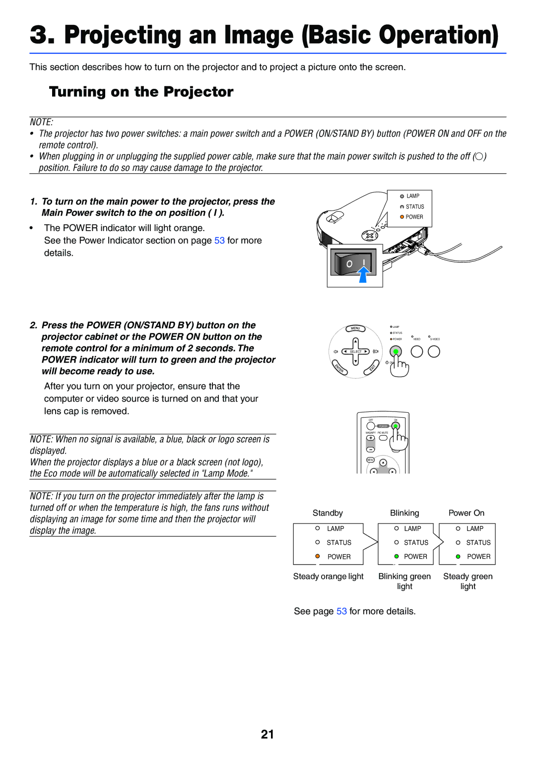 IBM VT670, VT470, VT676, VT575 manual Projecting an Image Basic Operation, Turning on the Projector 