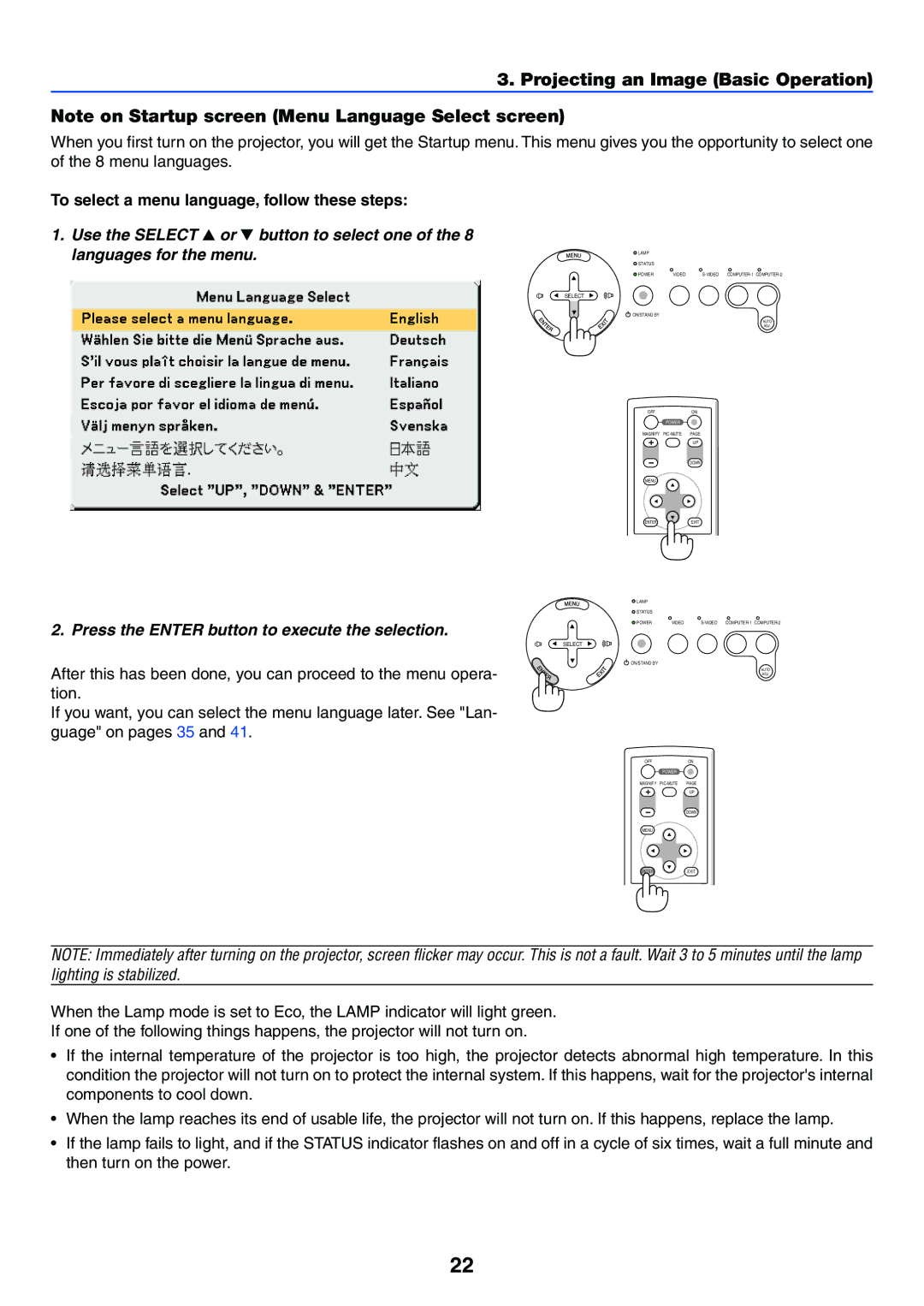 IBM VT575, VT470, VT676, VT670 manual Projecting an Image Basic Operation, To select a menu language, follow these steps 