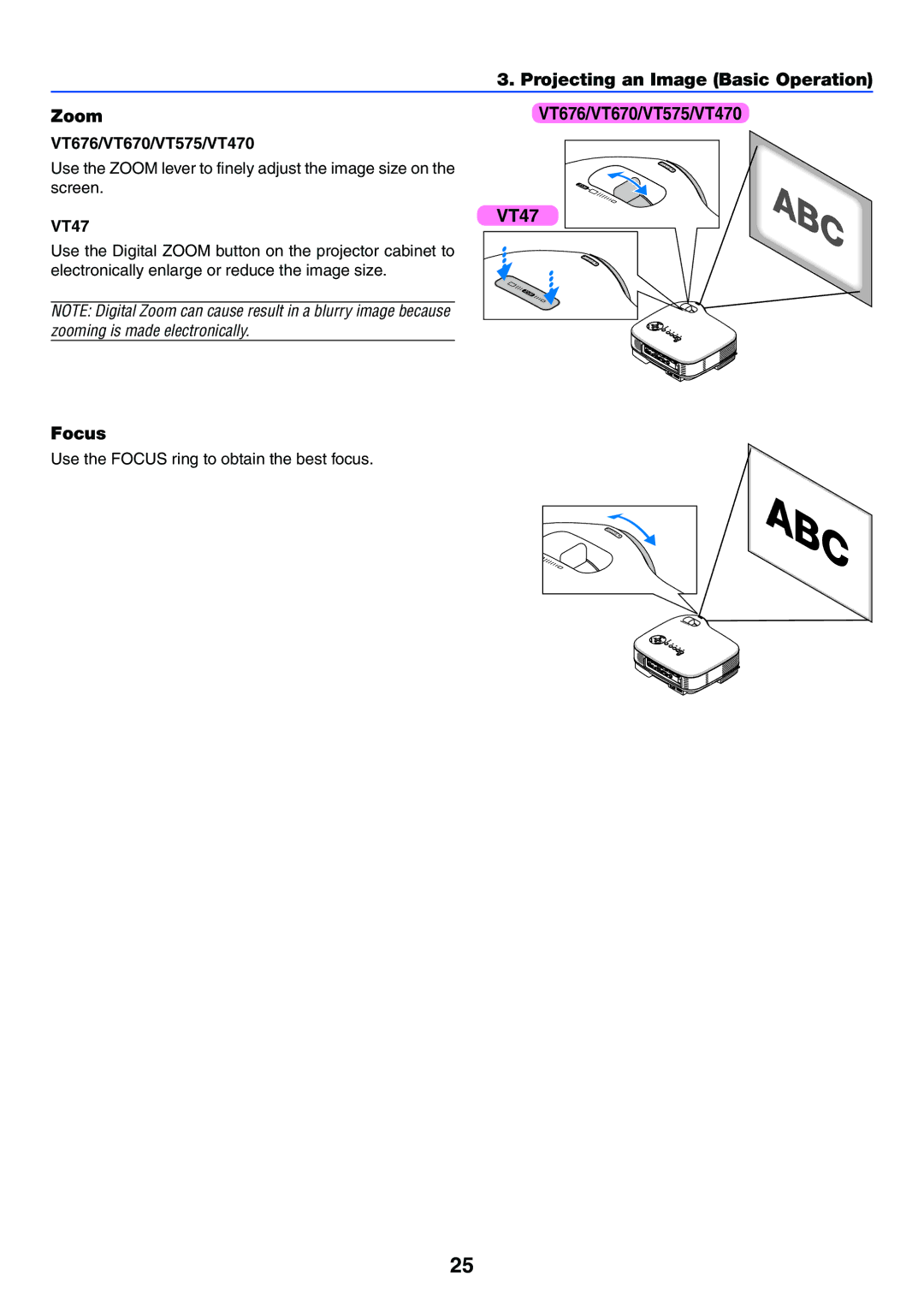 IBM manual Zoom, Projecting an Image Basic Operation VT676/VT670/VT575/VT470, Focus 