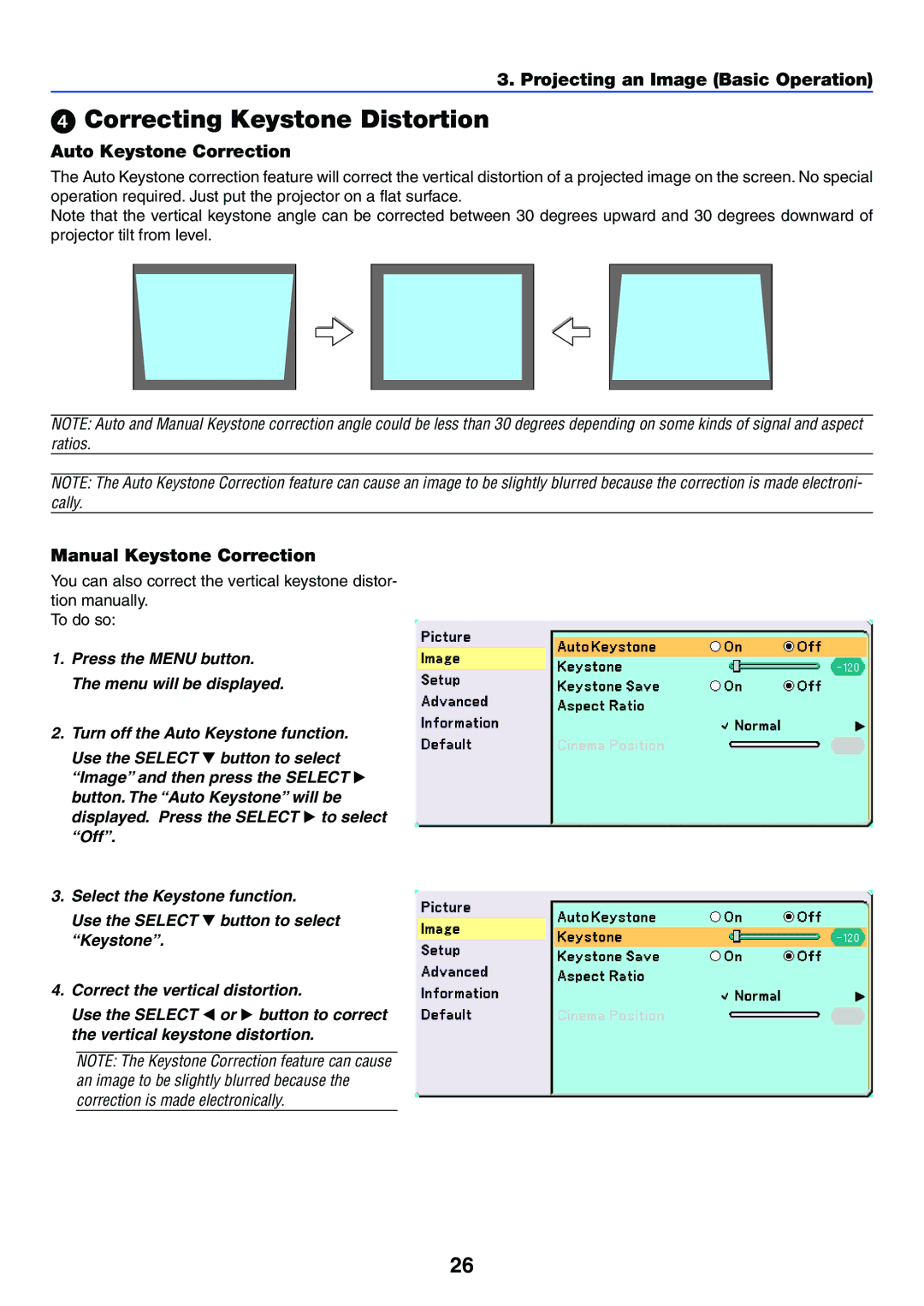 IBM VT670, VT470, VT676, VT575 manual Correcting Keystone Distortion, Auto Keystone Correction, Manual Keystone Correction 