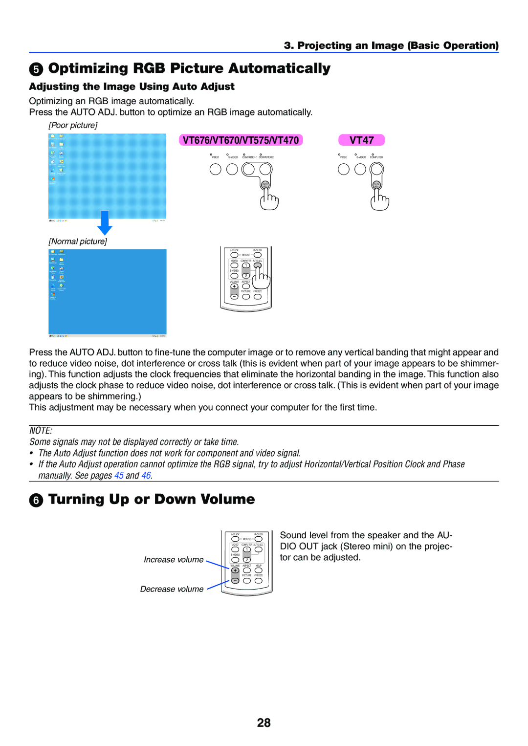 IBM VT470, VT676 Optimizing RGB Picture Automatically, Turning Up or Down Volume, Adjusting the Image Using Auto Adjust 