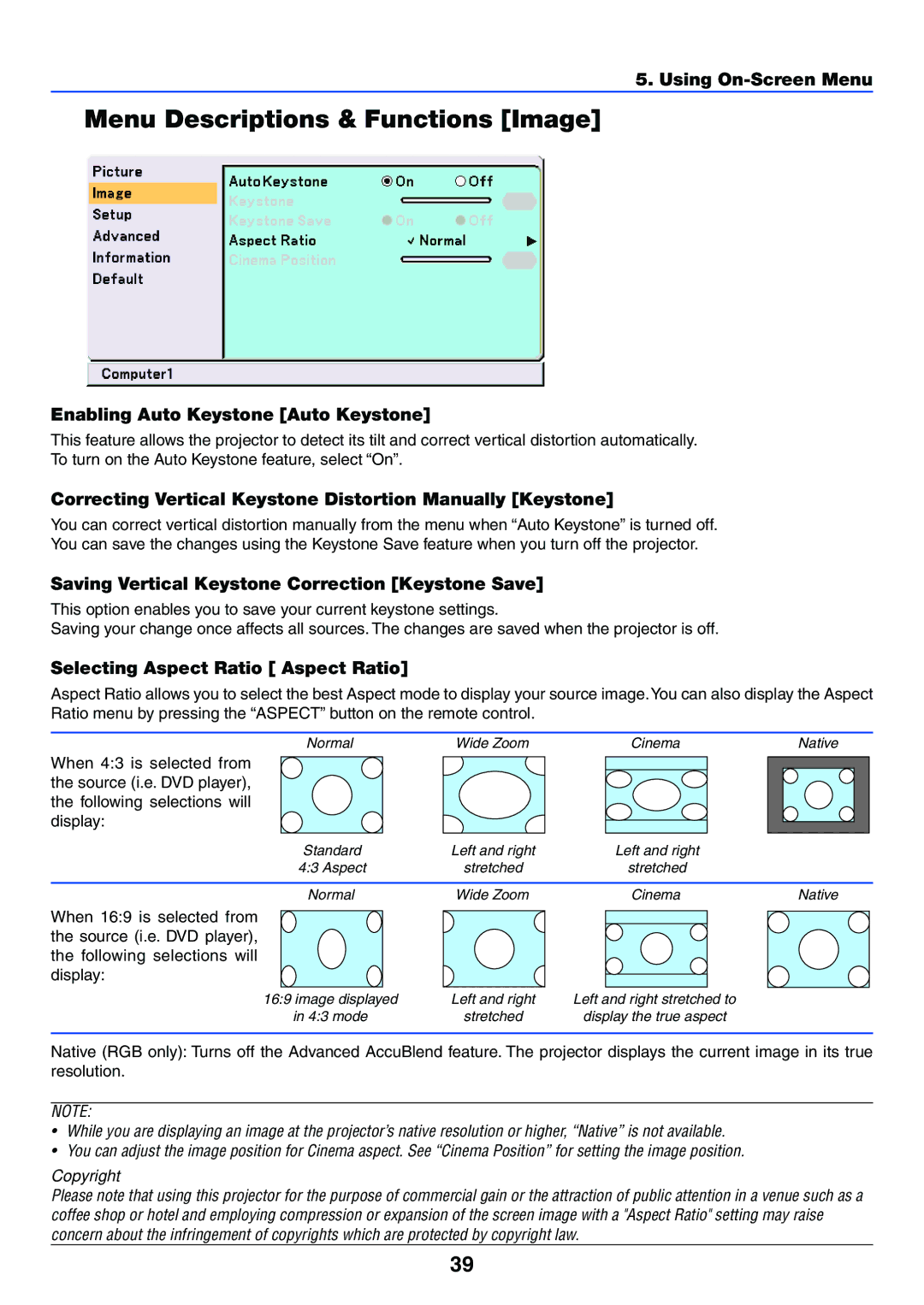 IBM VT470 Menu Descriptions & Functions Image, Enabling Auto Keystone Auto Keystone, Selecting Aspect Ratio Aspect Ratio 