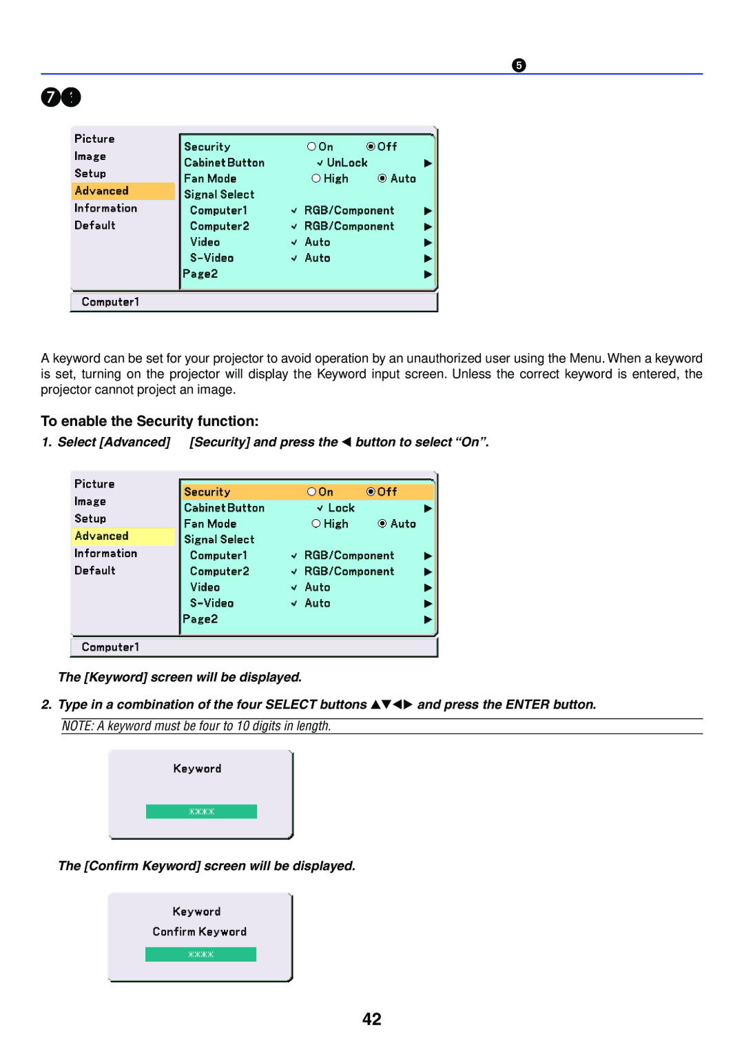 IBM VT575, VT470, VT676, VT670 manual Menu Descriptions & Functions Advanced, To enable the Security function 