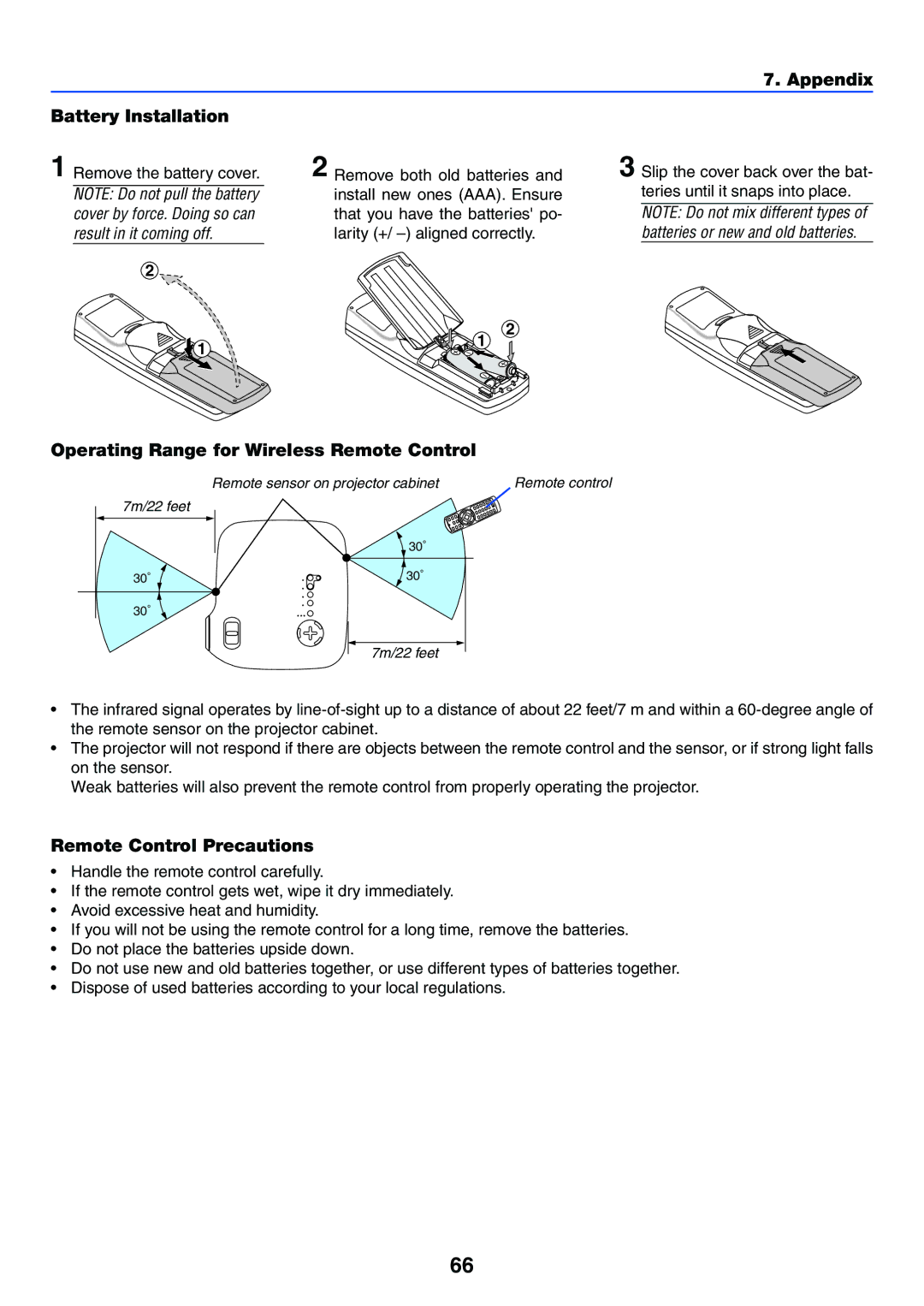 IBM VT670, VT470, VT676, VT575 manual Appendix Battery Installation, Operating Range for Wireless Remote Control 