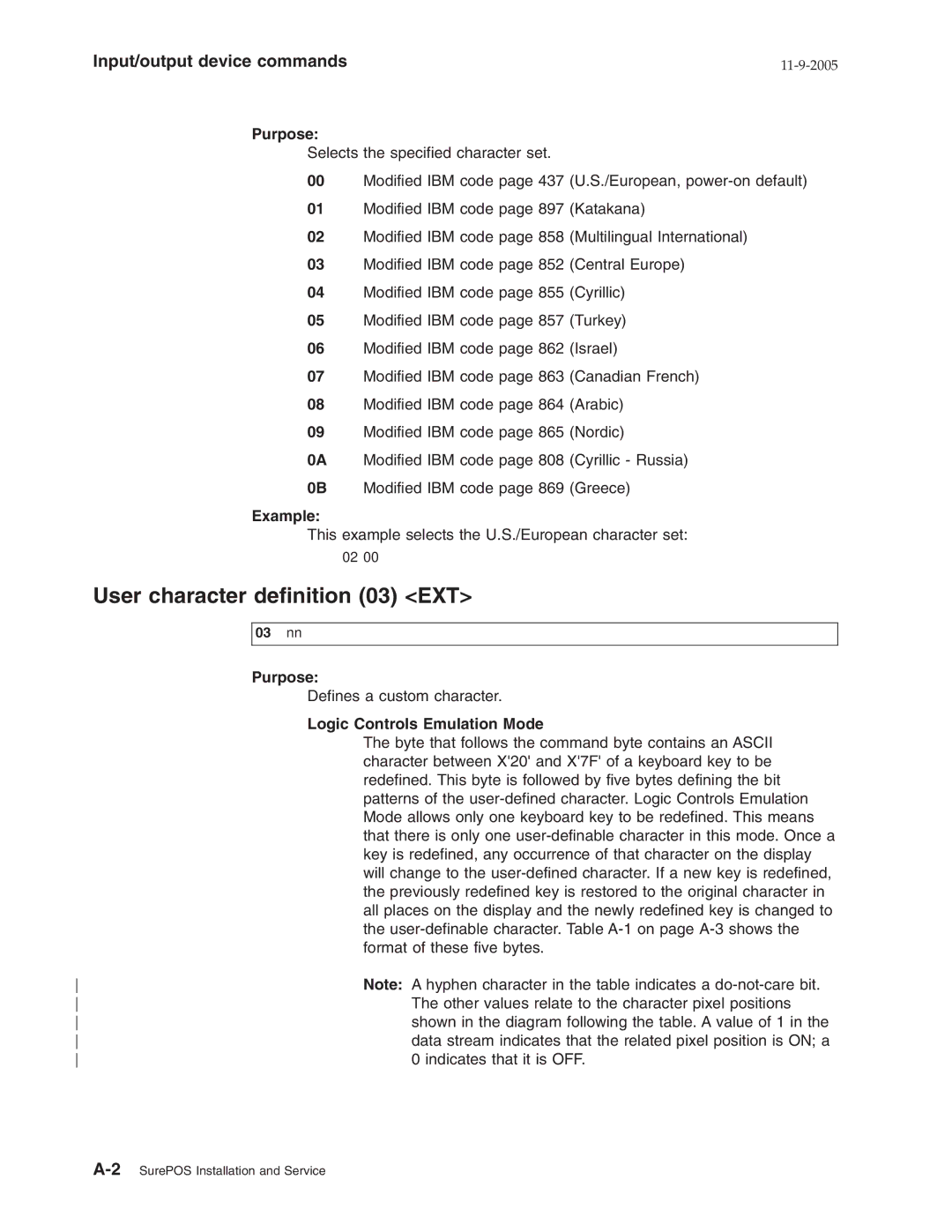 IBM 31x, W2H, 32x manual User character definition 03 EXT, Logic Controls Emulation Mode 