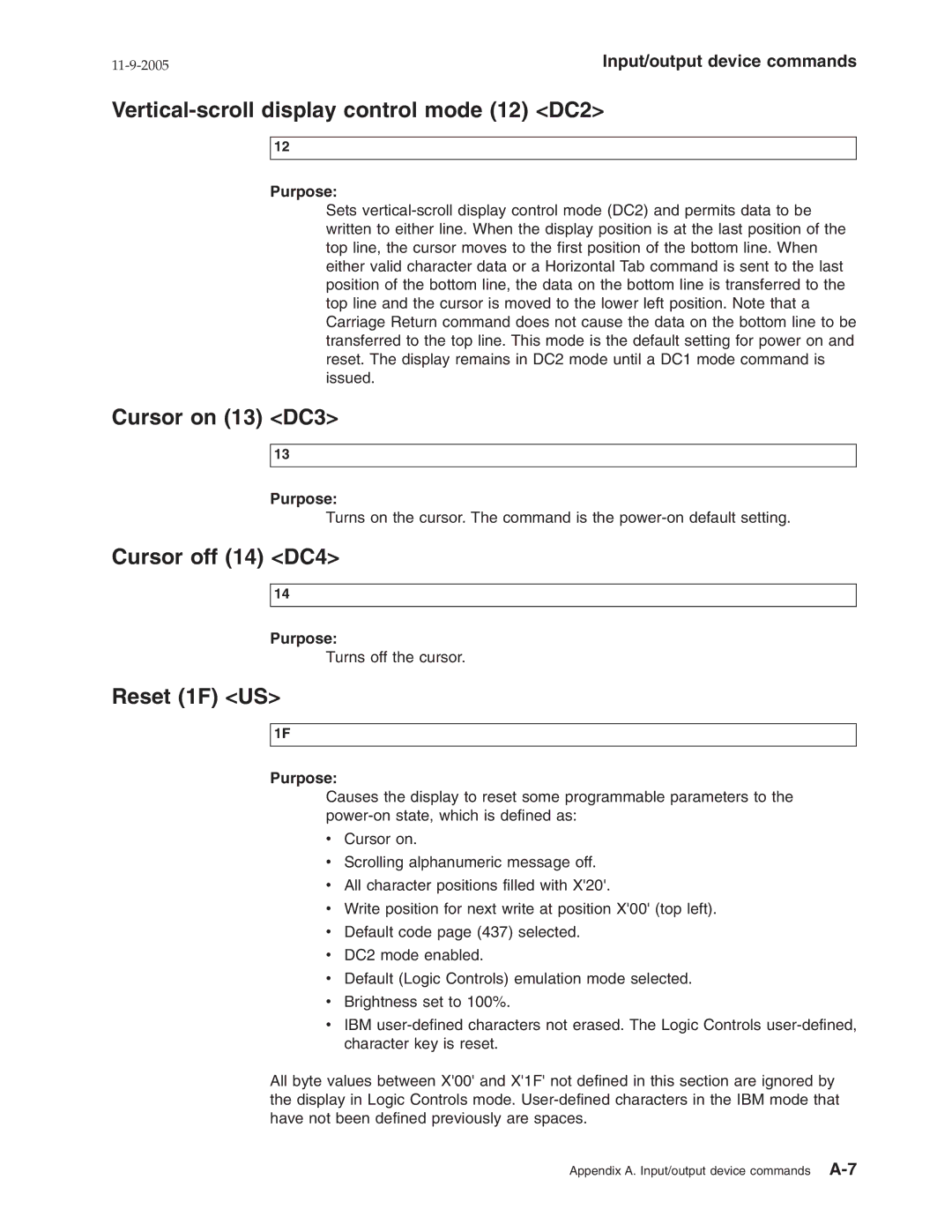 IBM W2H, 31x, 32x manual Vertical-scroll display control mode 12 DC2, Cursor on 13 DC3, Cursor off 14 DC4, Reset 1F US 