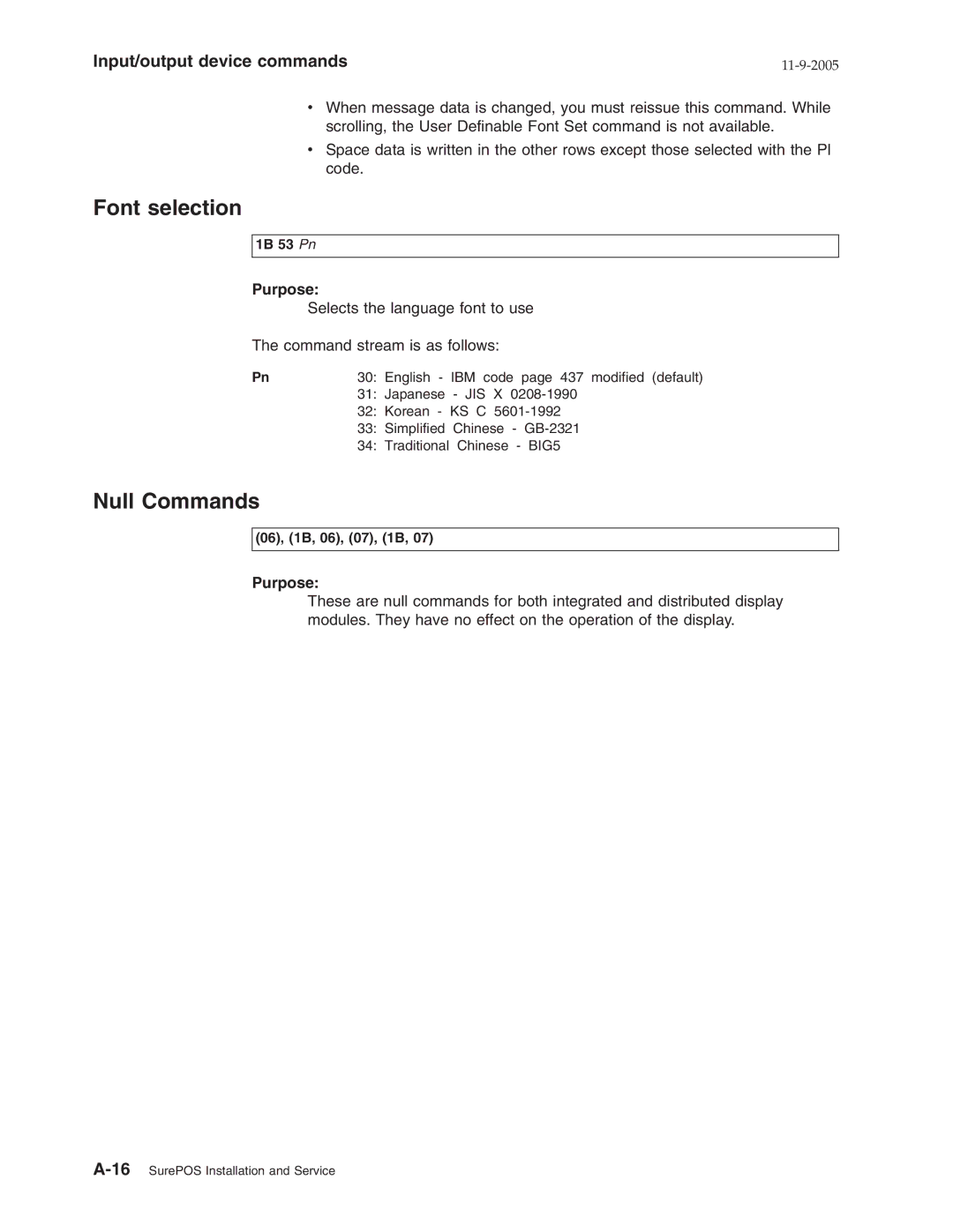 IBM W2H, 31x, 32x manual Font selection, Null Commands 