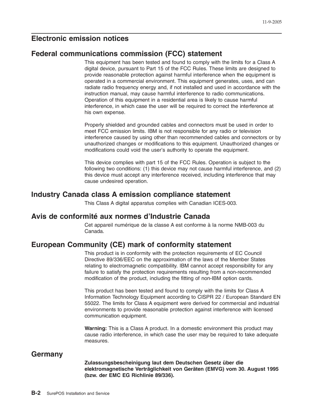 IBM 32x Industry Canada class a emission compliance statement, Avis de conformité aux normes d’Industrie Canada, Germany 