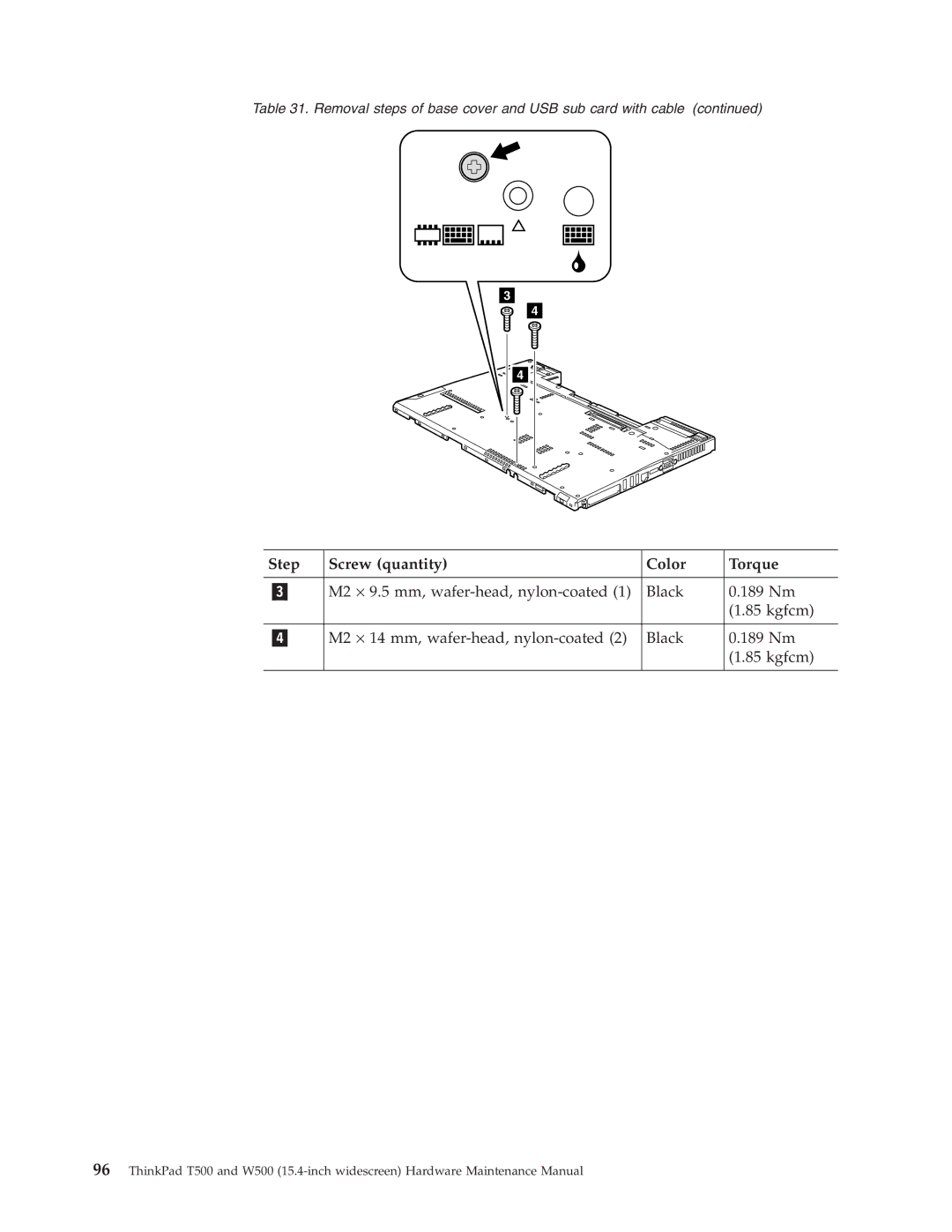 IBM W500, T500 manual Step Screw quantity Color Torque 