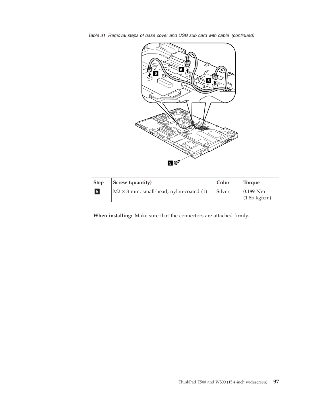 IBM T500, W500 manual Step Screw quantity Color Torque 