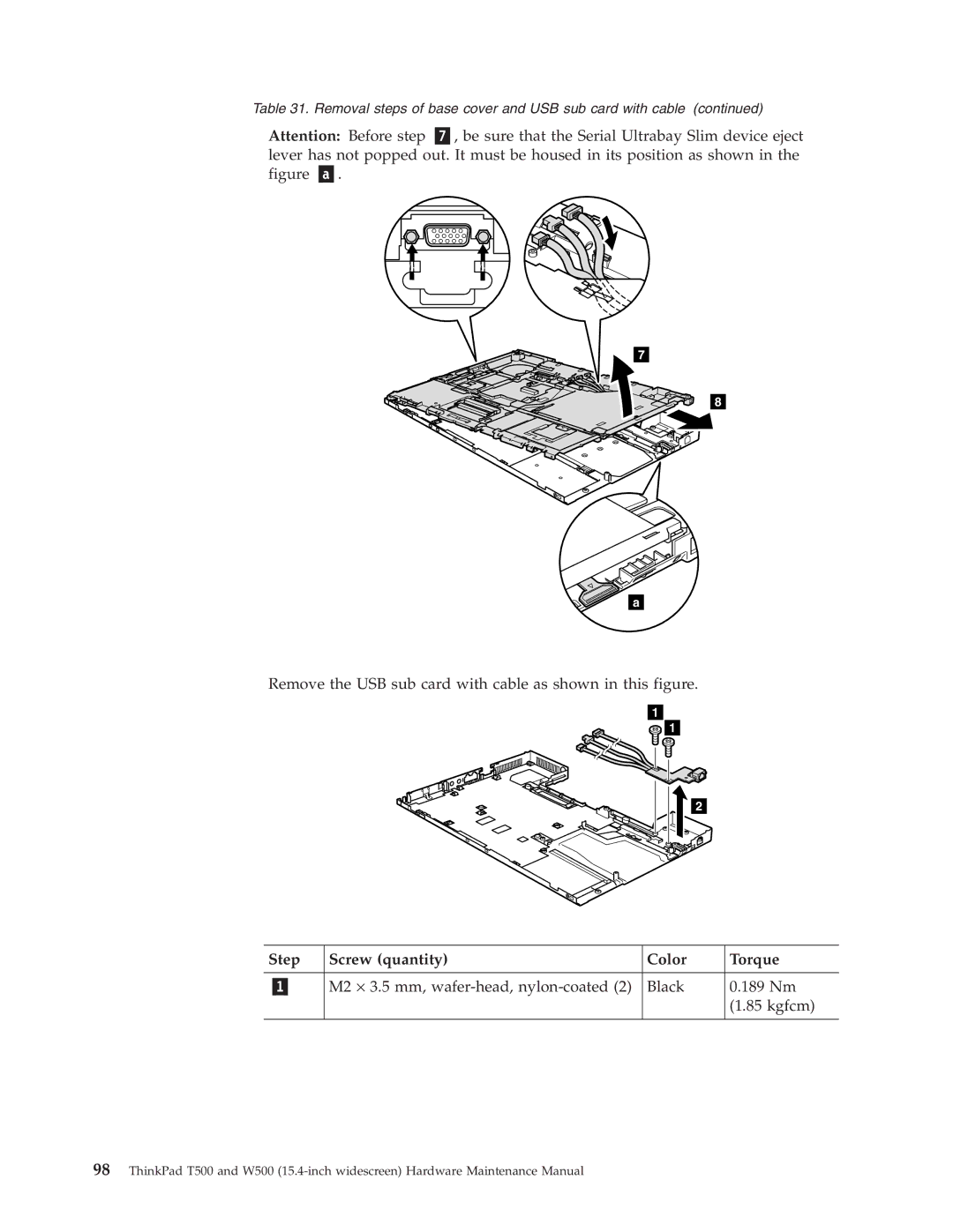 IBM W500, T500 manual Remove the USB sub card with cable as shown in this figure 