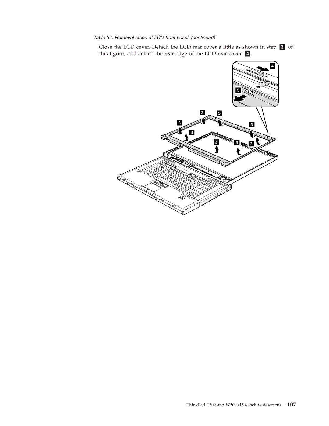 IBM T500, W500 manual Removal steps of LCD front bezel 