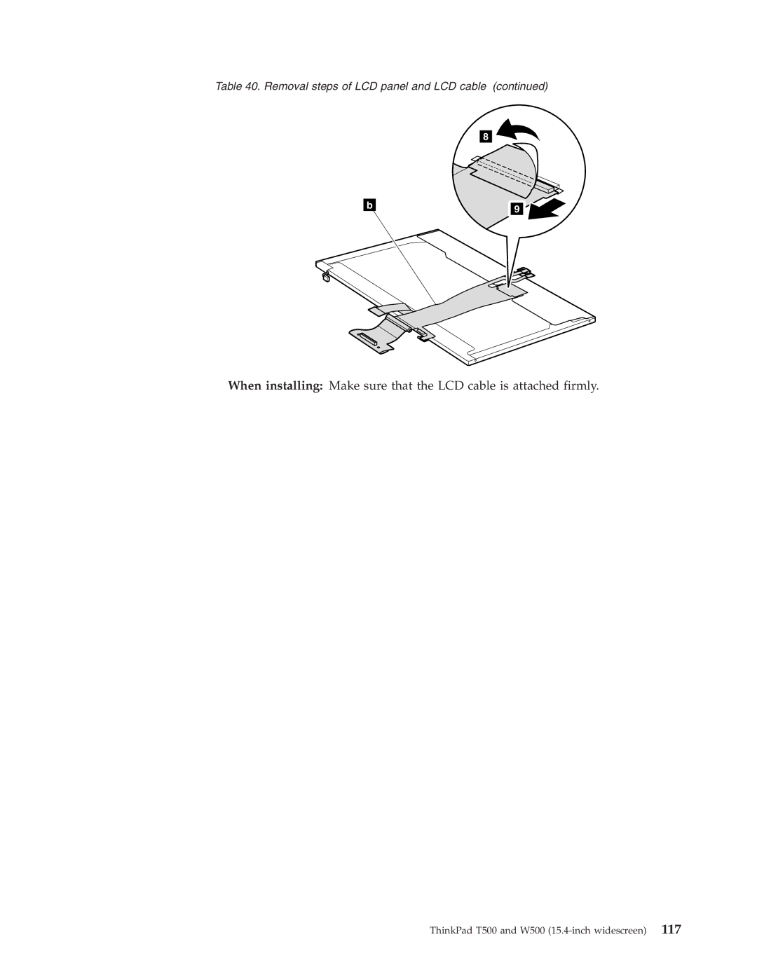 IBM T500, W500 manual Removal steps of LCD panel and LCD cable 