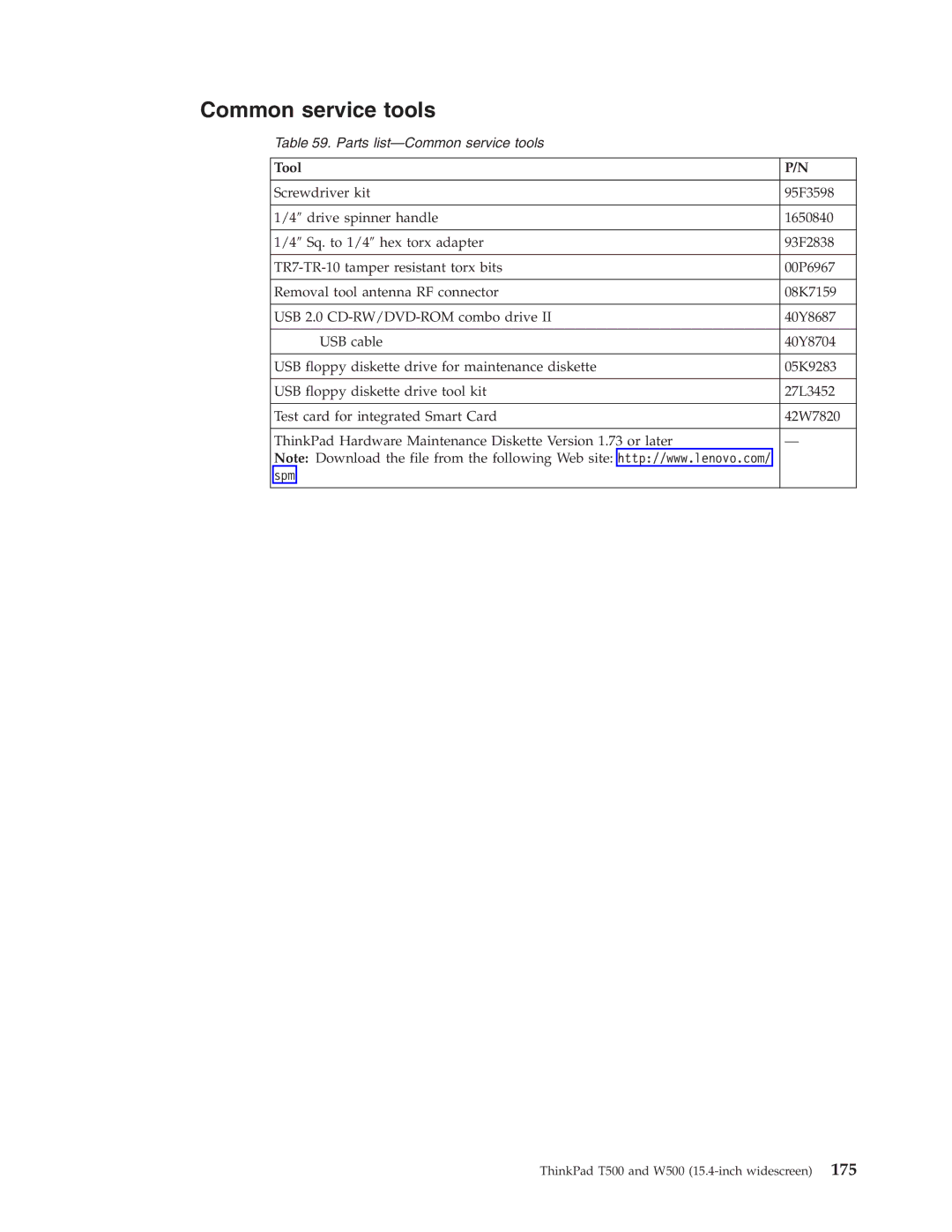 IBM T500, W500 manual Common service tools, Tool 