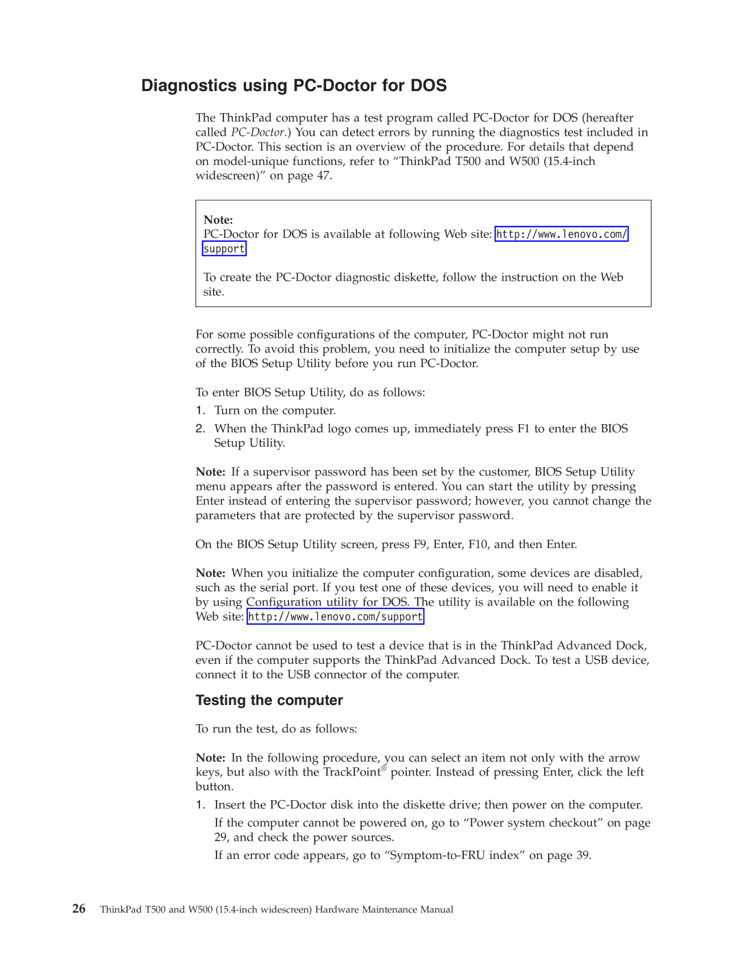 IBM W500, T500 manual Diagnostics using PC-Doctor for DOS, Testing the computer 