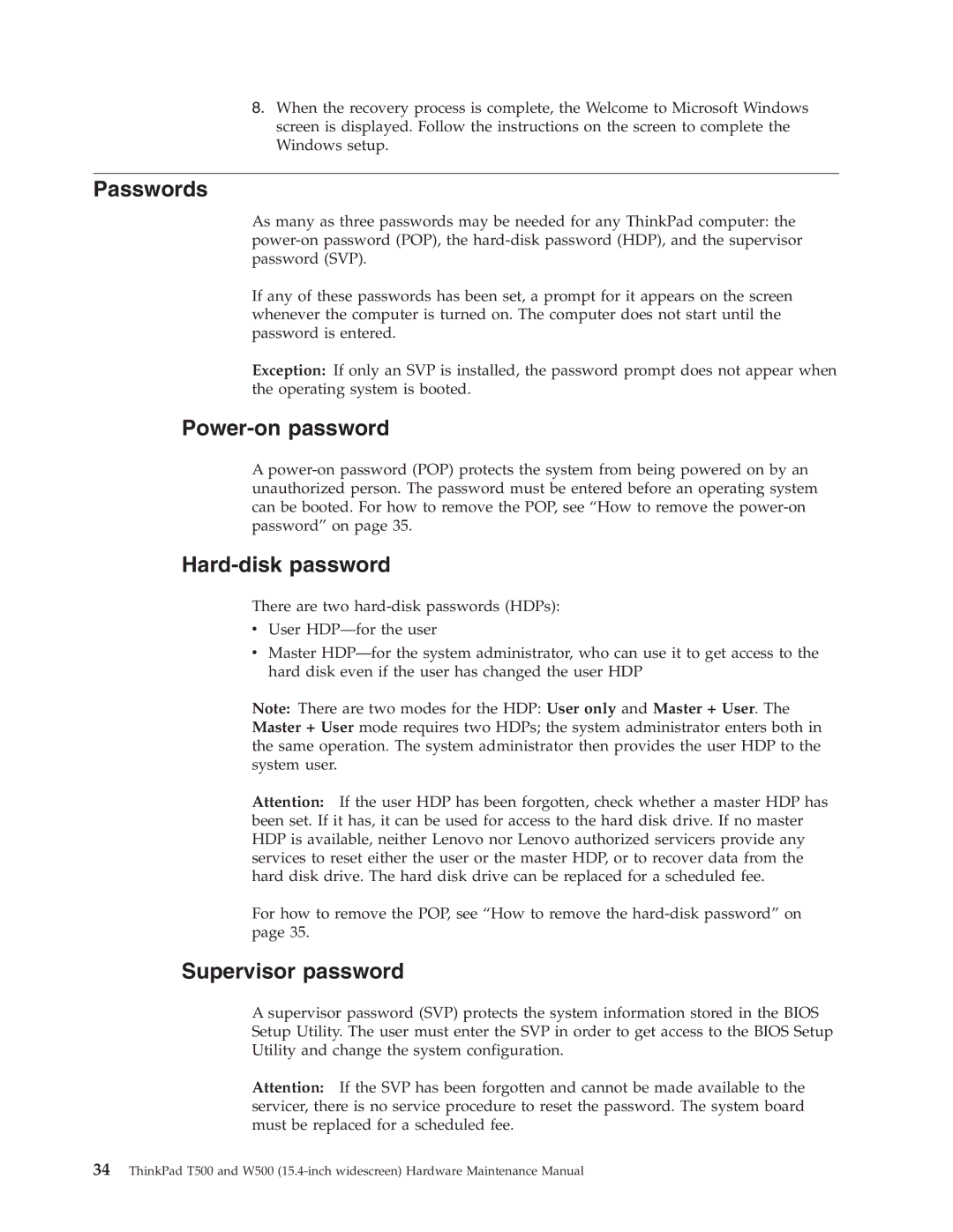 IBM W500, T500 manual Passwords, Power-on password, Hard-disk password, Supervisor password 