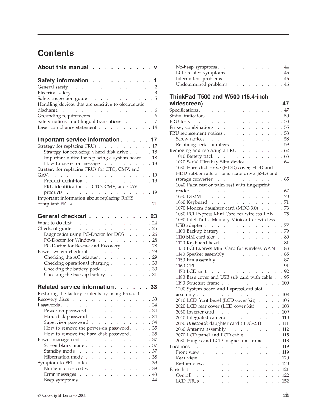 IBM T500, W500 manual Contents 