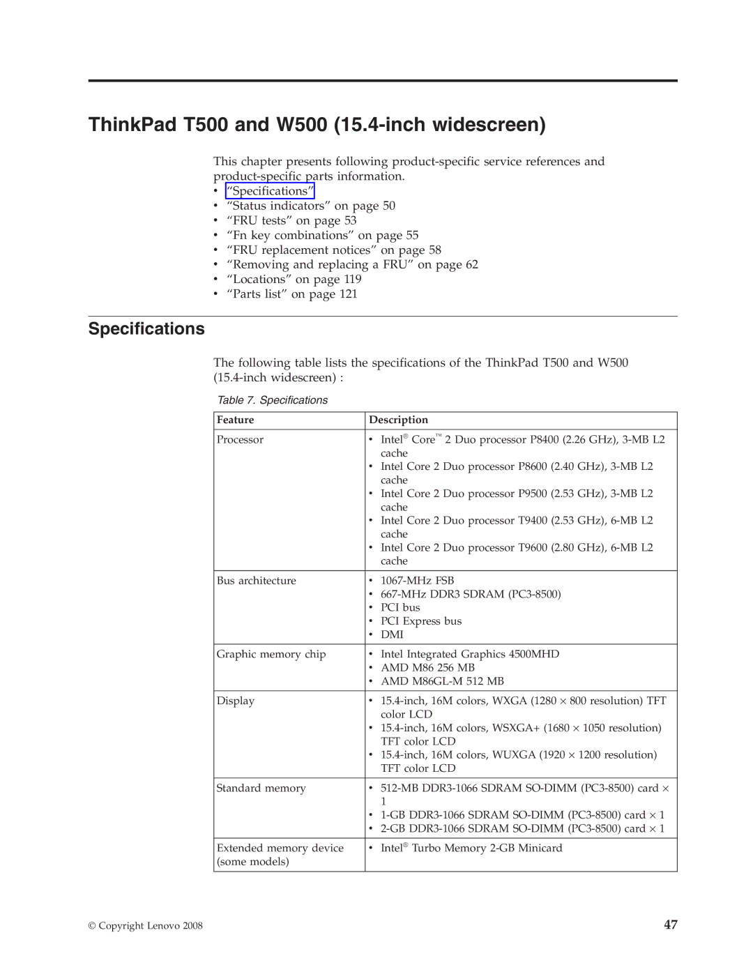 IBM T500, W500 manual Specifications, Feature Description 