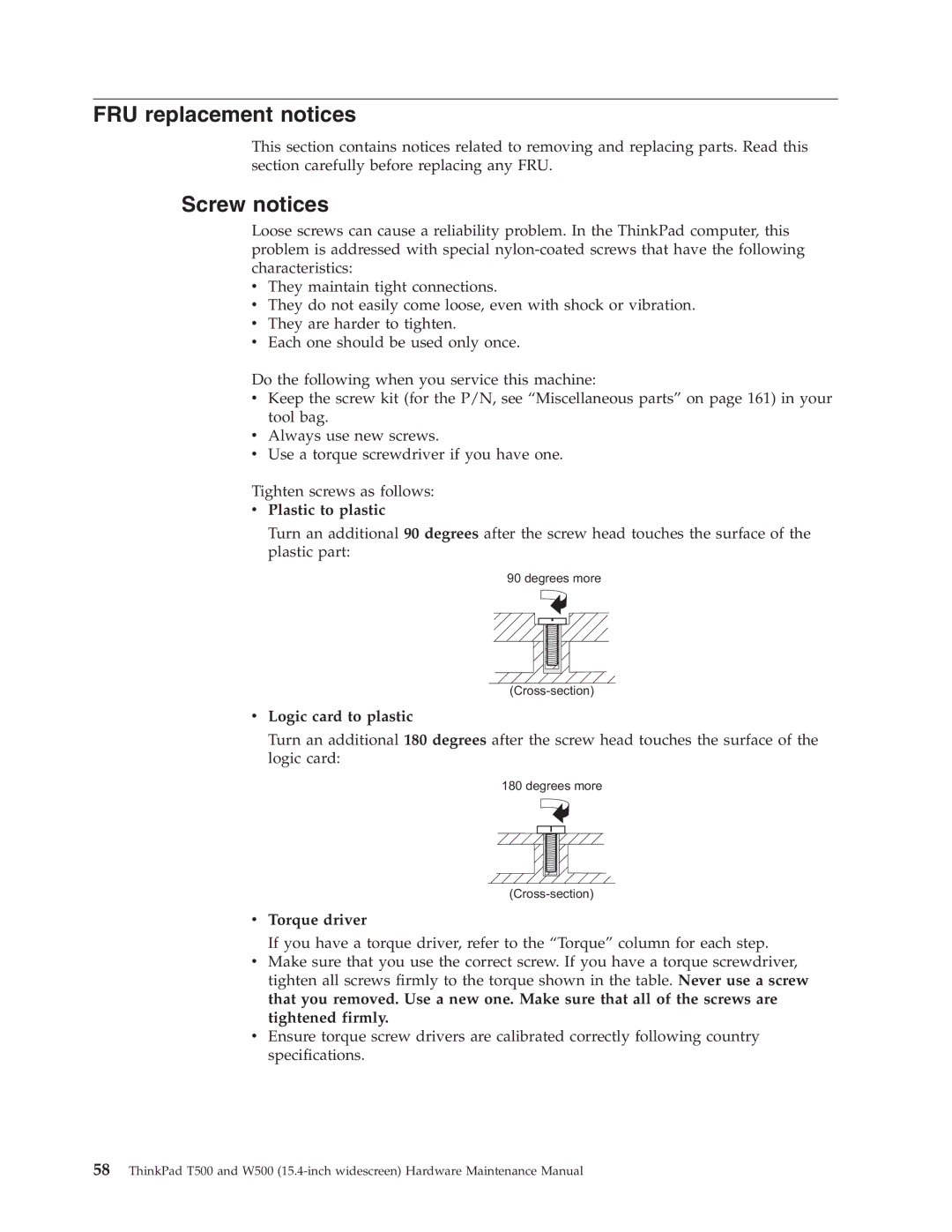 IBM W500, T500 manual FRU replacement notices, Screw notices, Plastic to plastic, Logic card to plastic, Torque driver 