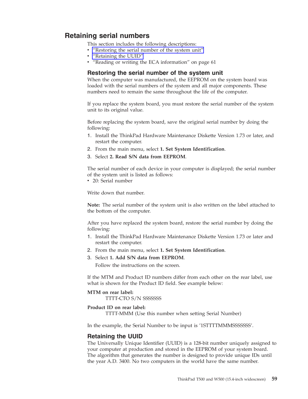 IBM T500, W500 manual Retaining serial numbers, Restoring the serial number of the system unit, Retaining the Uuid 