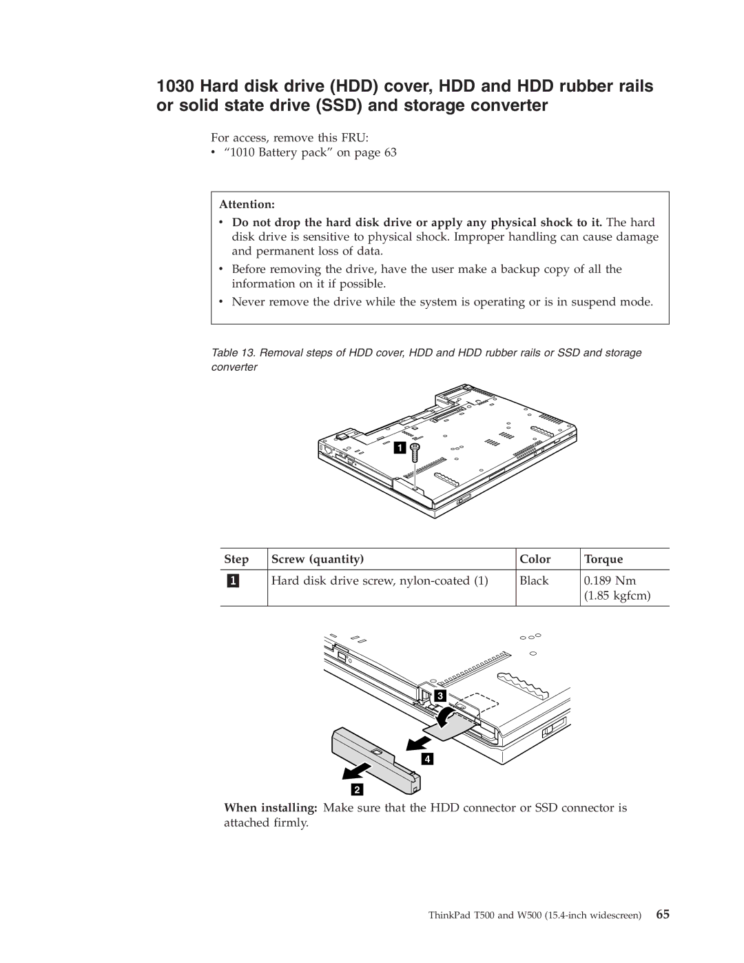 IBM T500, W500 manual Step Screw quantity Color Torque 