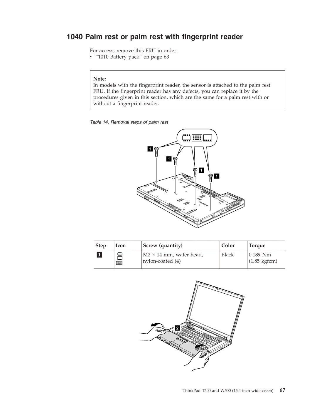 IBM T500, W500 manual Palm rest or palm rest with fingerprint reader, Step Icon Screw quantity Color Torque 