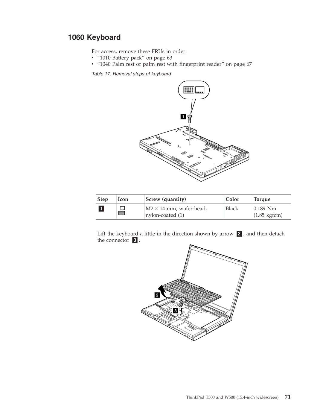 IBM T500, W500 manual Keyboard, Step Icon Screw quantity Color Torque 