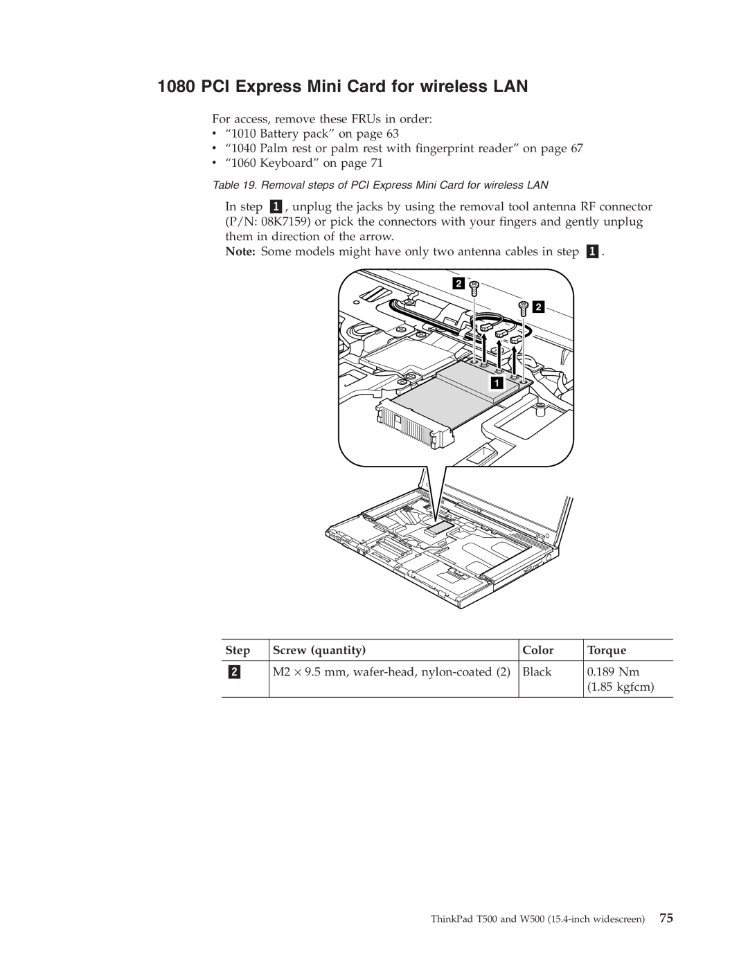 IBM T500, W500 manual PCI Express Mini Card for wireless LAN, M2 ⋅ 9.5 mm, wafer-head, nylon-coated Black 189 Nm Kgfcm 