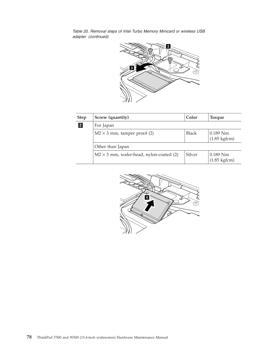 IBM W500, T500 manual Step Screw quantity Color Torque 