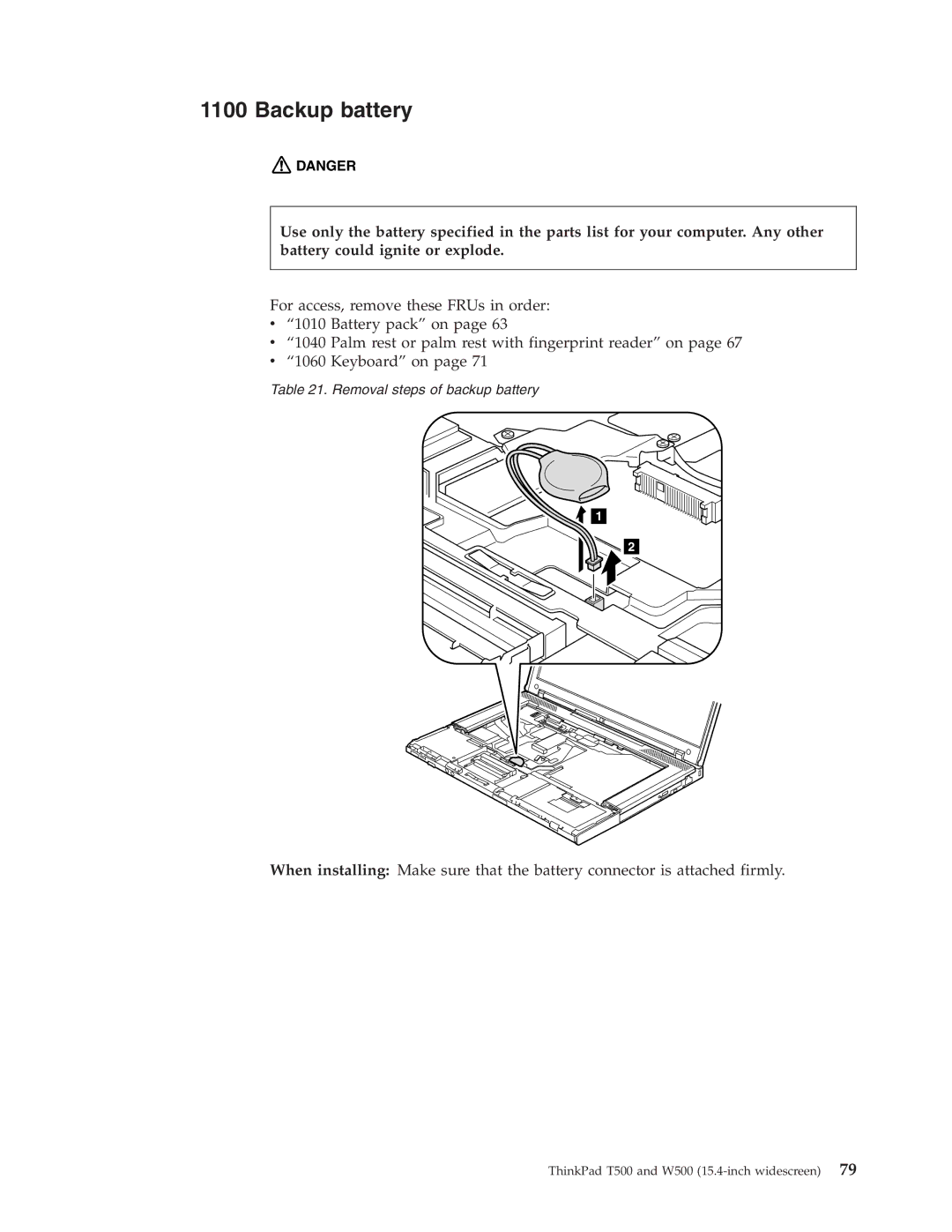 IBM T500, W500 manual Backup battery 