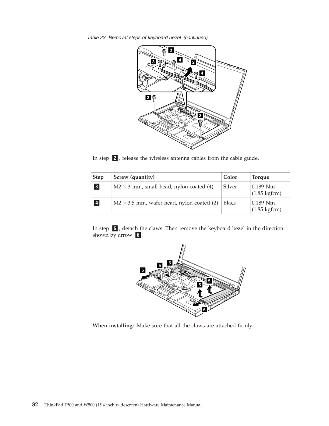 IBM W500, T500 manual Step Screw quantity Color Torque 