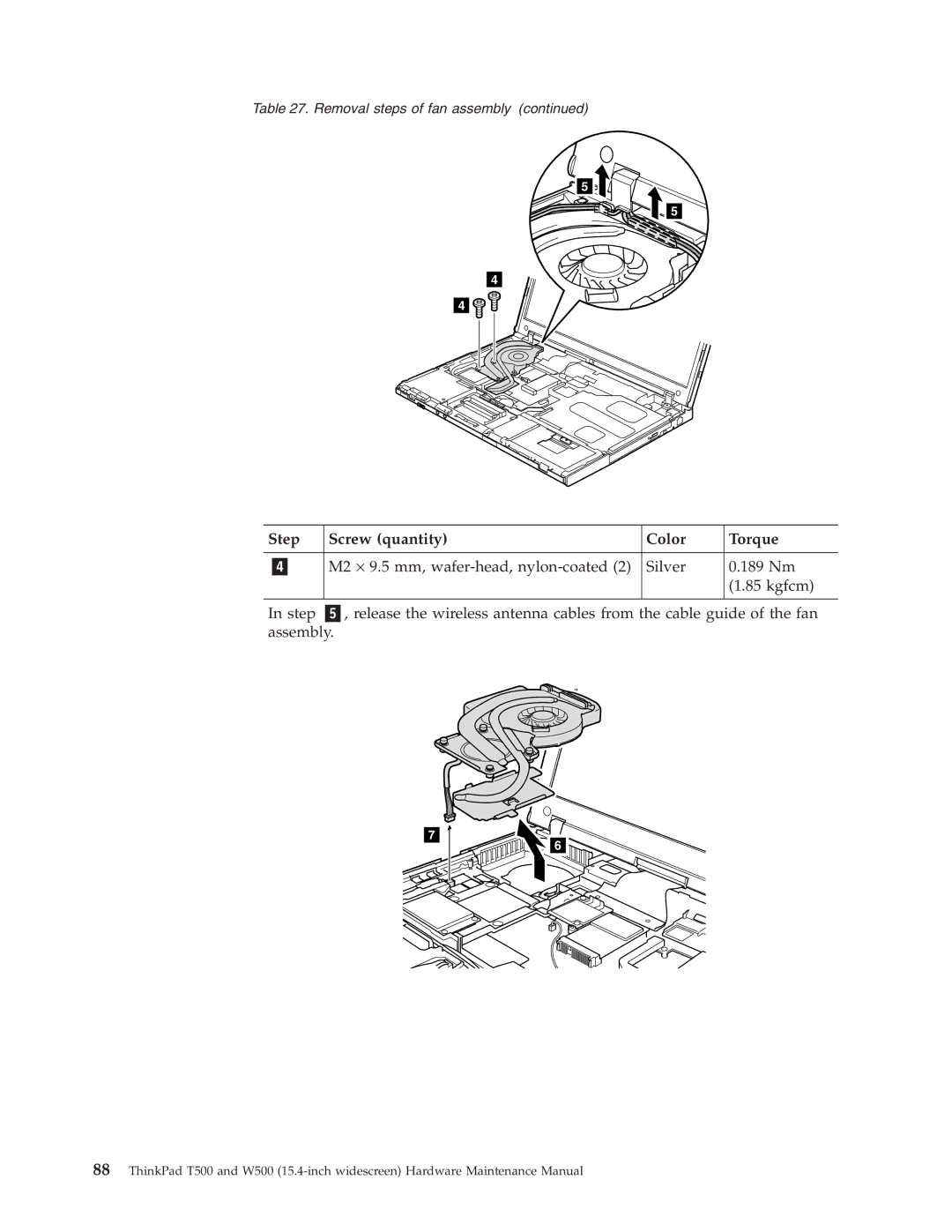 IBM W500, T500 manual Step Screw quantity Color Torque 