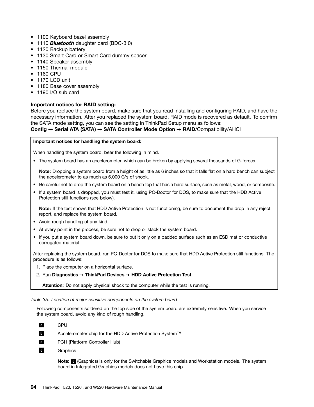 IBM W520, T520I manual Important notices for RAID setting, Important notices for handling the system board 