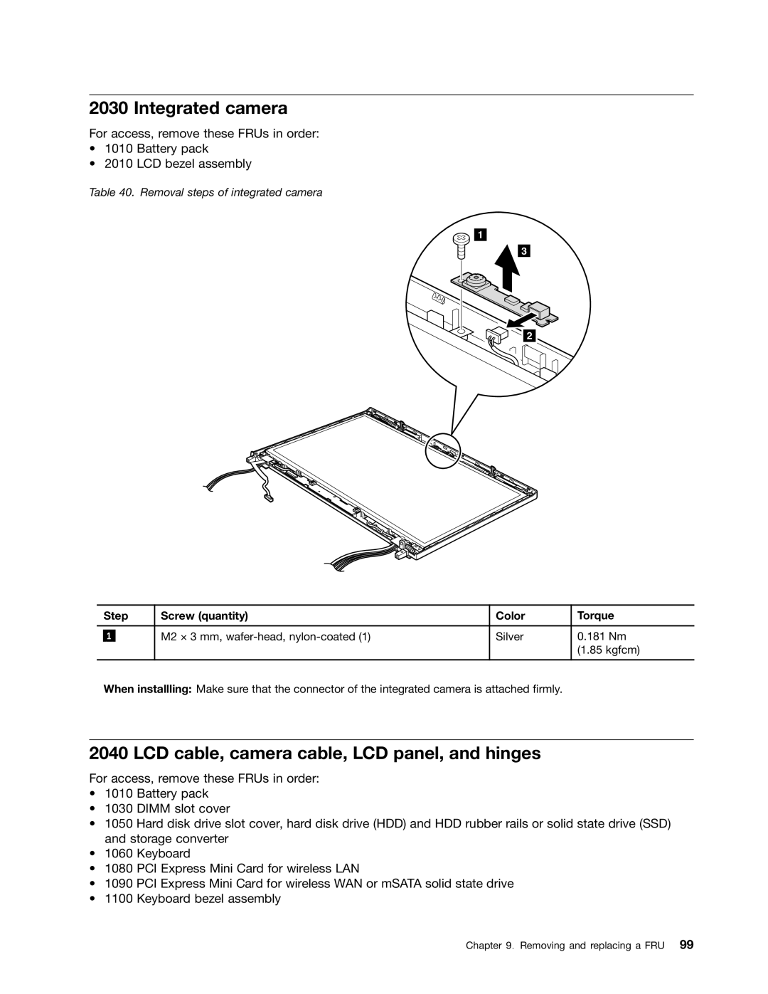 IBM T520I, W520 manual Integrated camera, LCD cable, camera cable, LCD panel, and hinges 