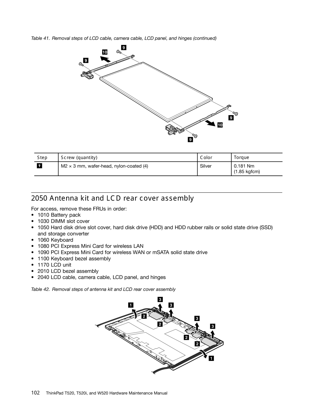 IBM W520, T520I manual Antenna kit and LCD rear cover assembly 