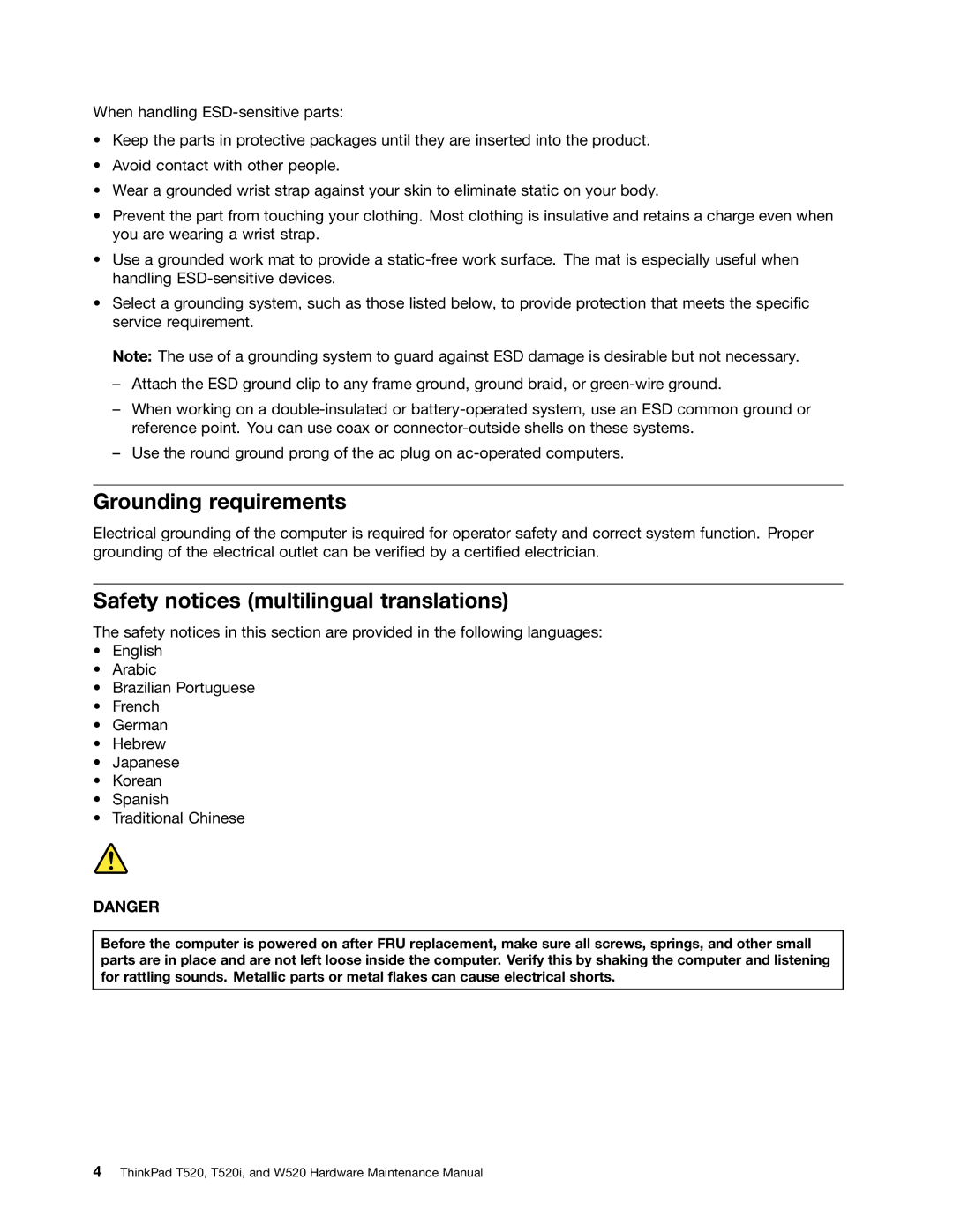 IBM W520, T520I manual Grounding requirements, Safety notices multilingual translations 