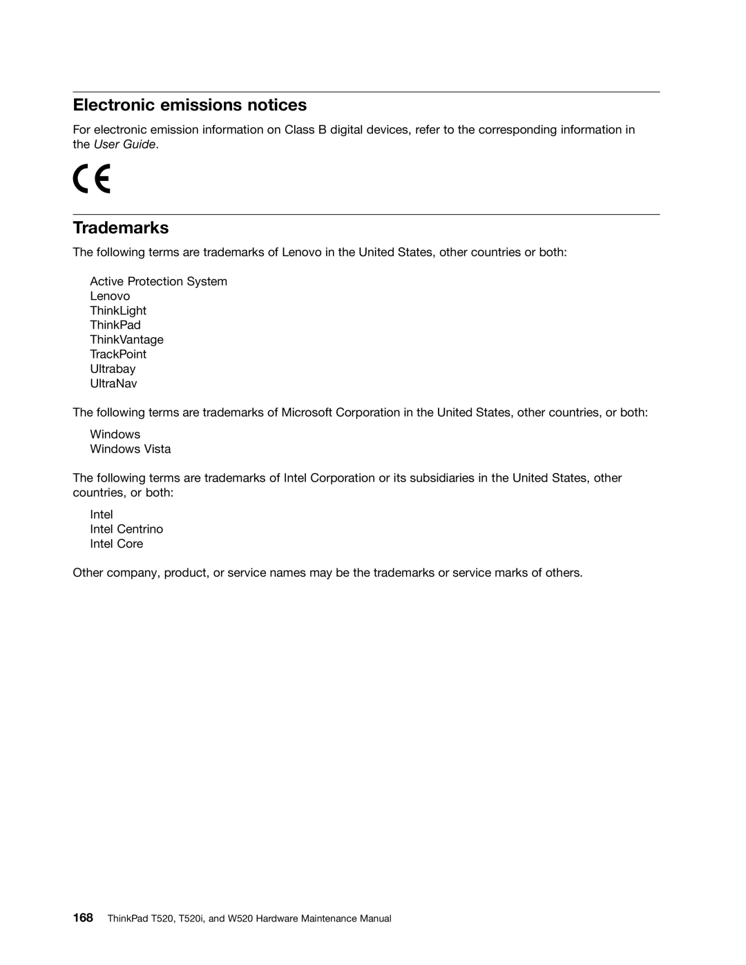 IBM W520, T520I manual Electronic emissions notices, Trademarks 