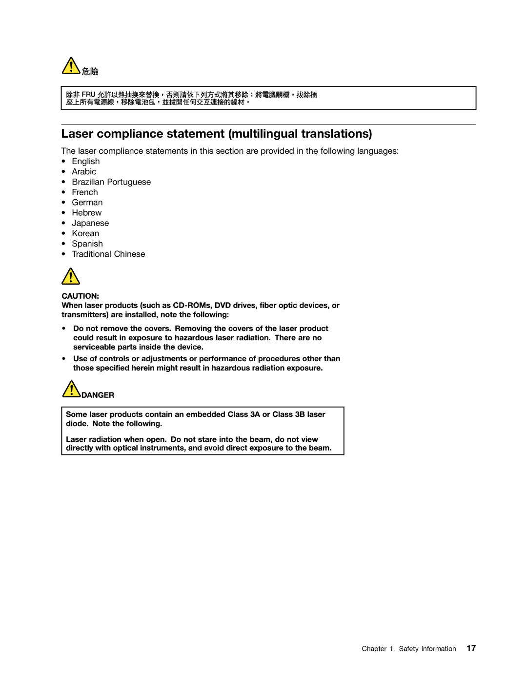 IBM T520I, W520 manual Laser compliance statement multilingual translations 