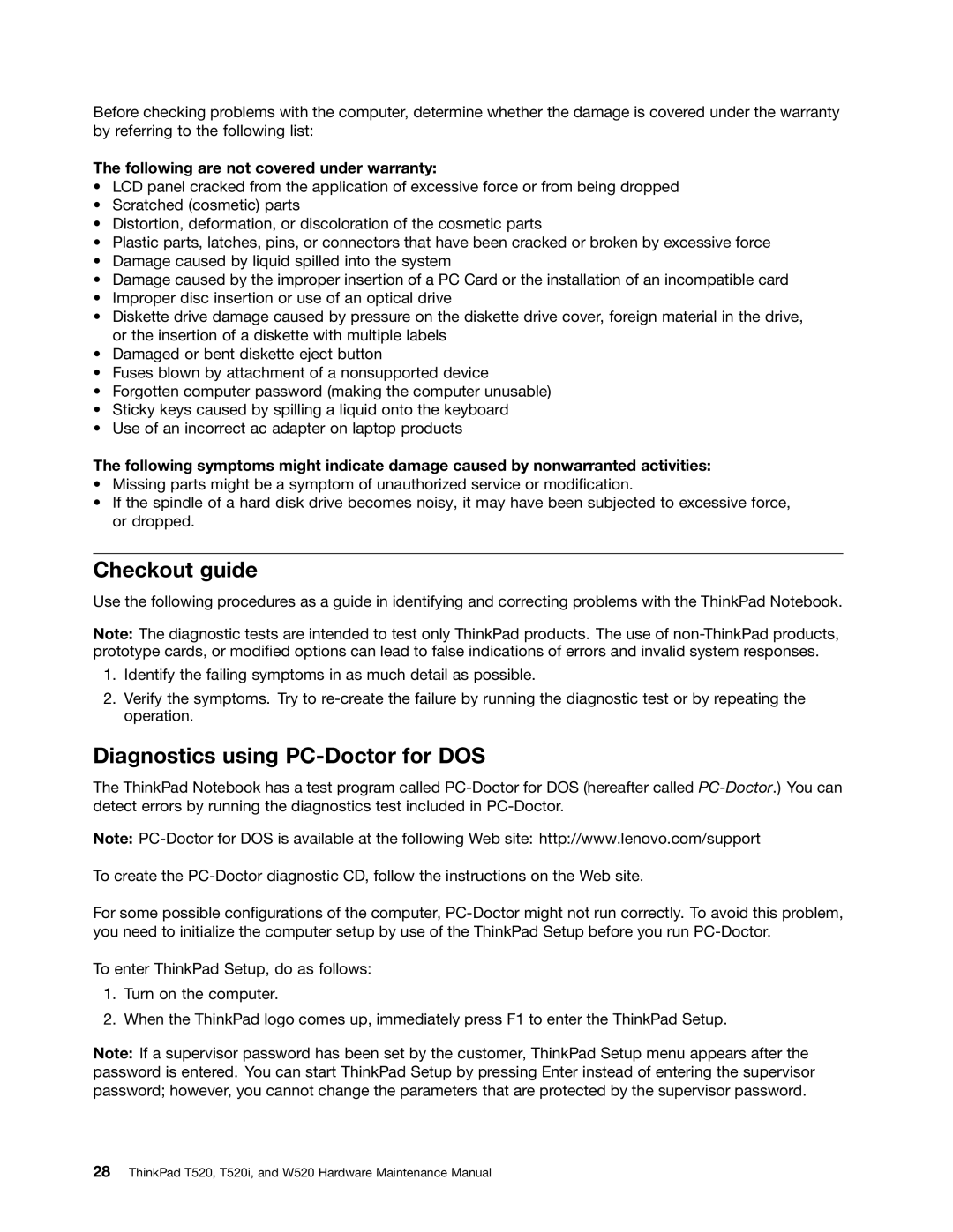 IBM W520, T520I manual Checkout guide, Diagnostics using PC-Doctor for DOS 