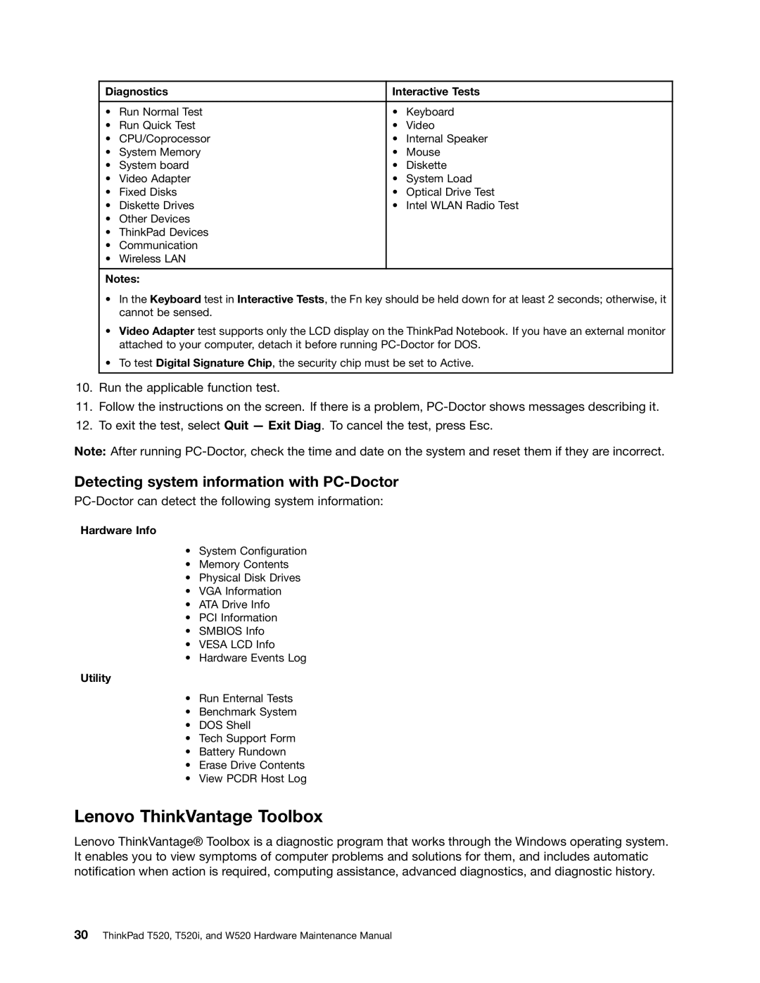 IBM W520, T520I manual Lenovo ThinkVantage Toolbox, Diagnostics Interactive Tests, Hardware Info, Utility 