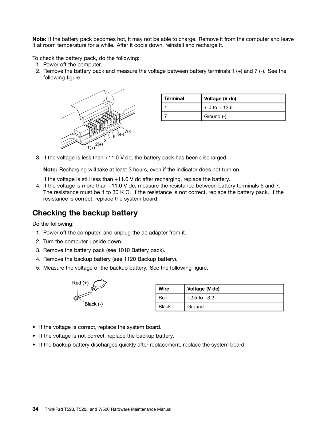 IBM W520, T520I manual Checking the backup battery, Terminal Voltage V dc, Wire Voltage V dc 