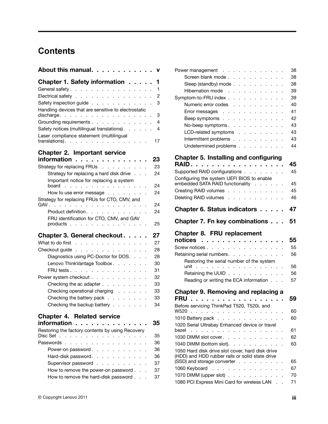 IBM T520I, W520 manual Contents 